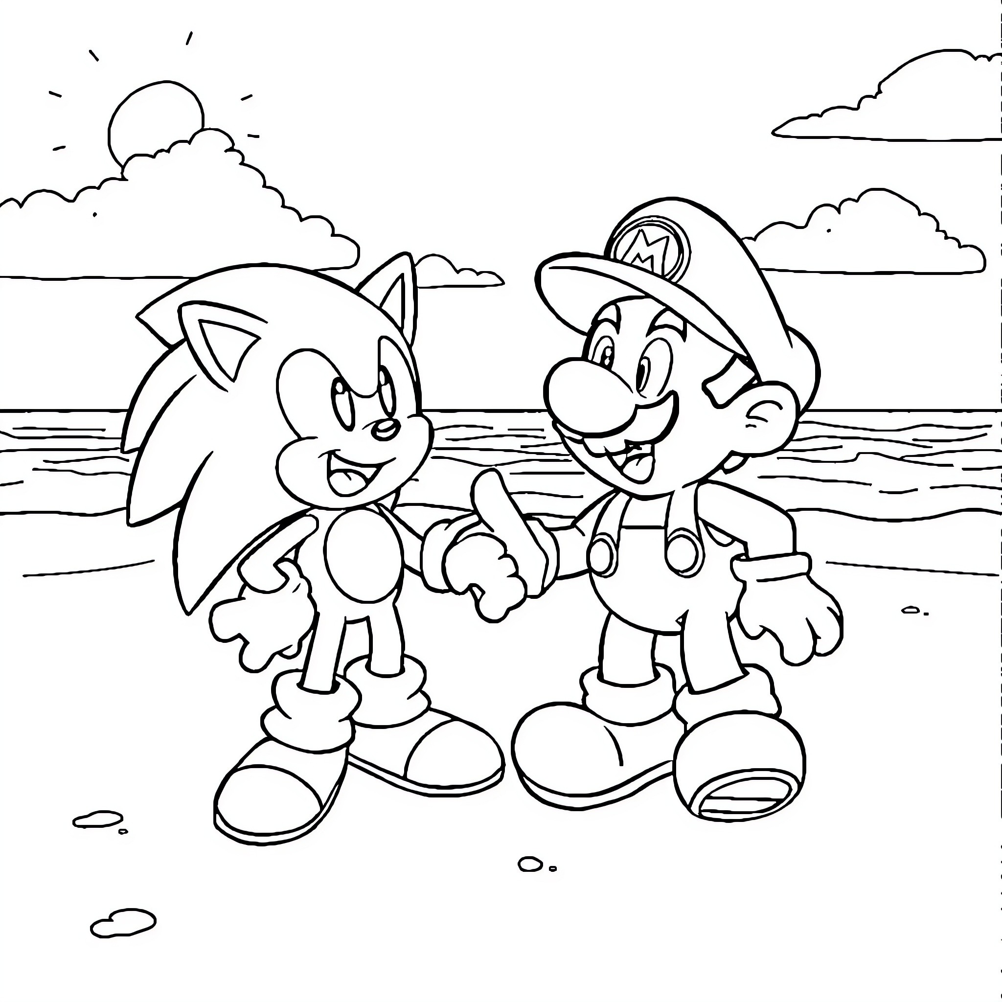 Sonic and Mario's Beachside Adventure Coloring Page (free black-and-white line drawing printable PDF for all, from beginners to advanced learners, including children, teens, adults, and seniors)