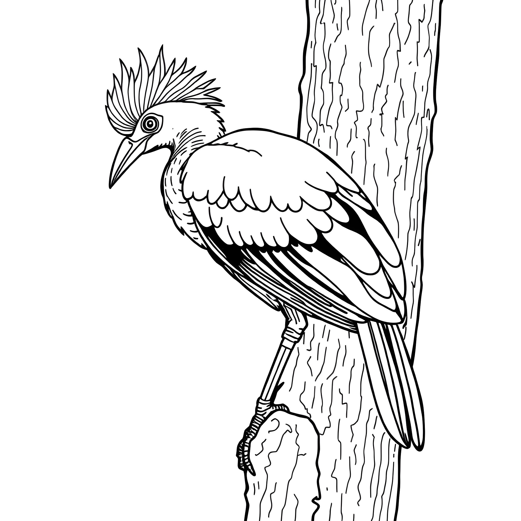 Guinea Turaco perched on a tree trunk Coloring Page (free black-and-white line drawing printable PDF for all, from beginners to advanced learners, including children, teens, adults, and seniors)