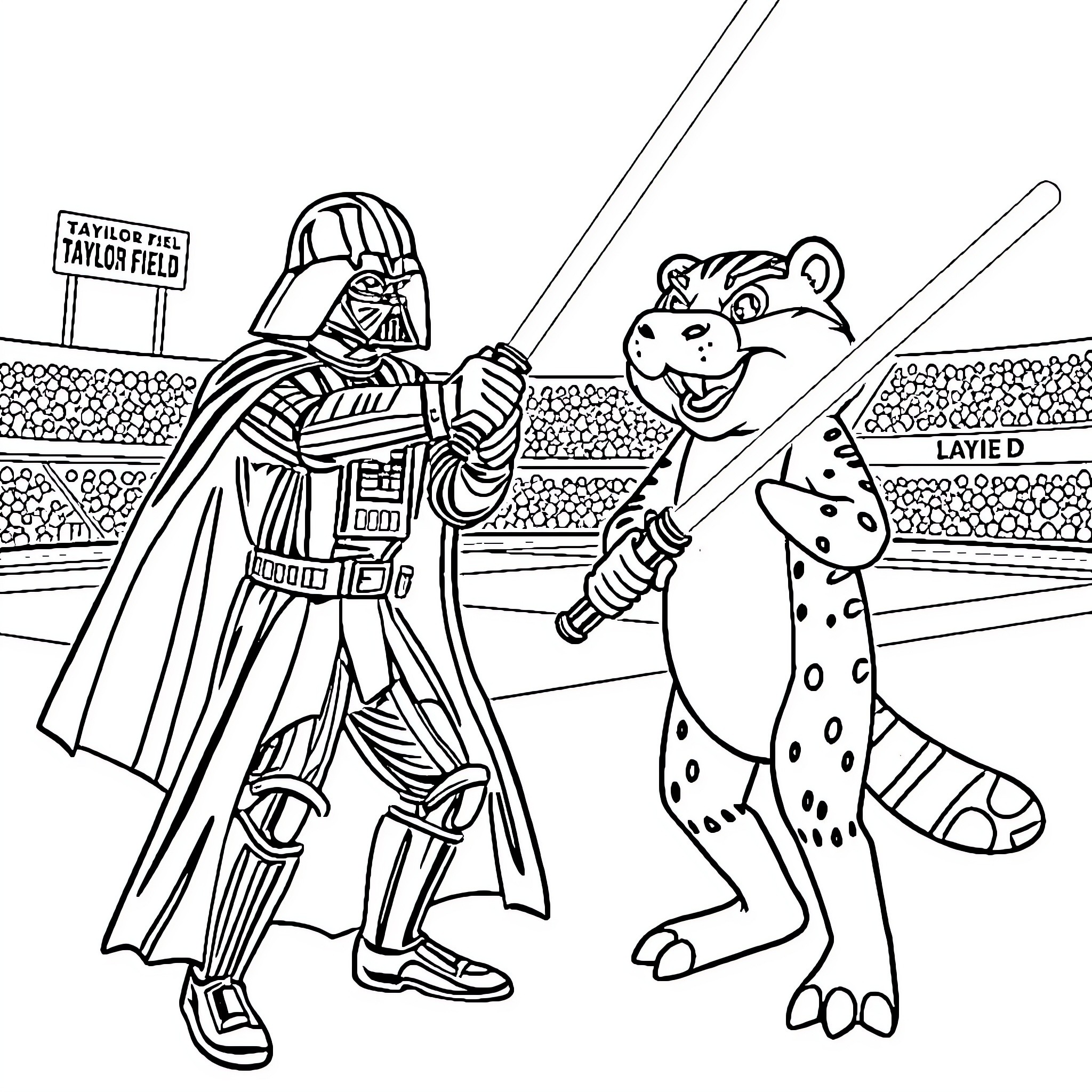 Darth Vader confronts a spotted feline in a sports stadium Coloring Page (free black-and-white line drawing printable PDF for all, from beginners to advanced learners, including children, teens, adults, and seniors)