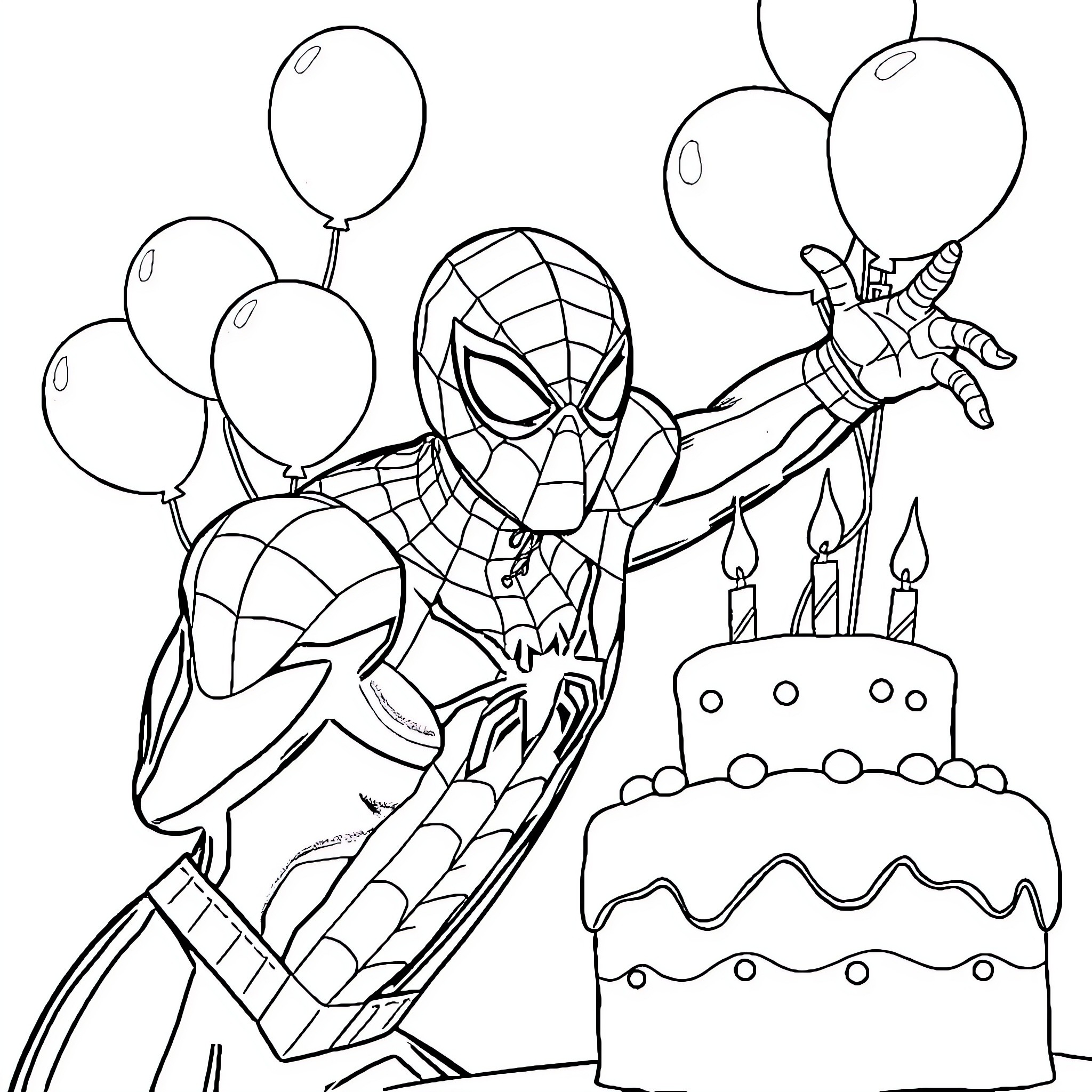 Spider-Man celebrating birthday with balloons and cake Coloring Page (free black-and-white line drawing printable PDF for all, from beginners to advanced learners, including children, teens, adults, and seniors)