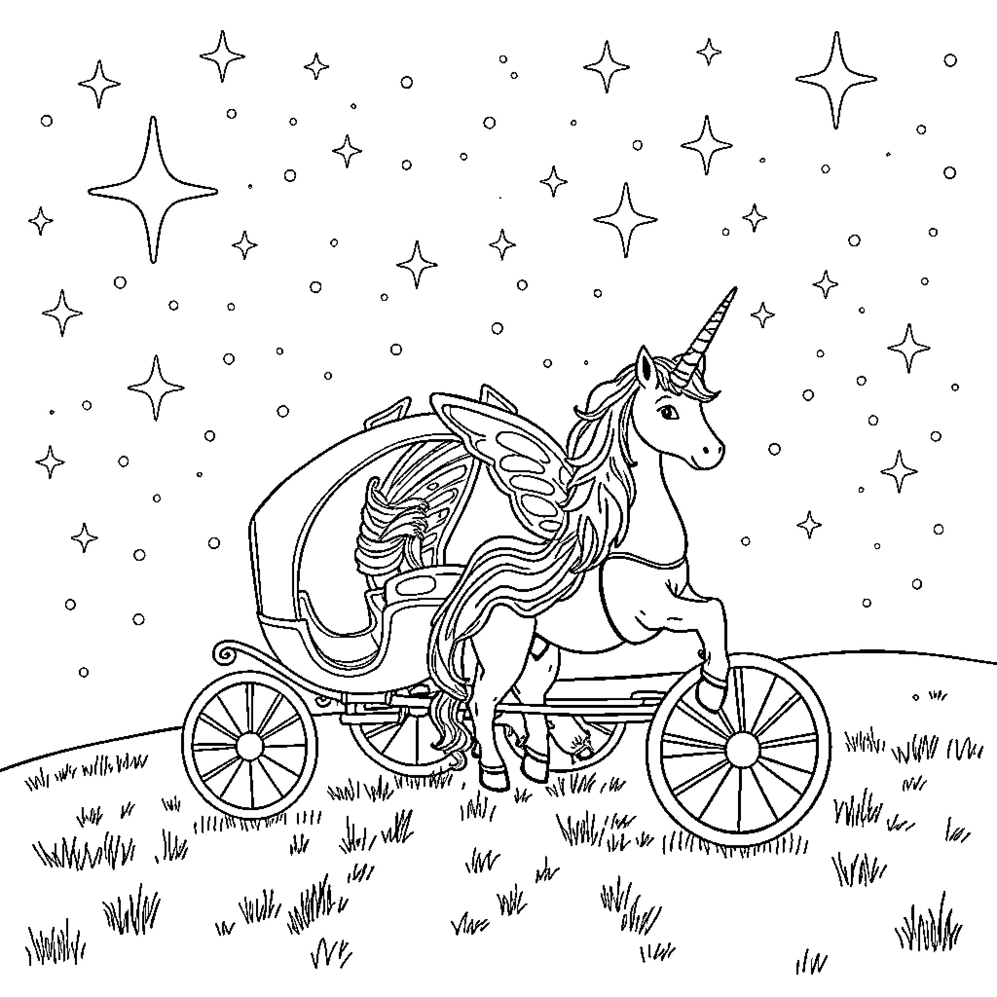 Unicorn pulling magical carriage under starry sky Coloring Page (free black-and-white line drawing printable PDF for all, from beginners to advanced learners, including children, teens, adults, and seniors)
