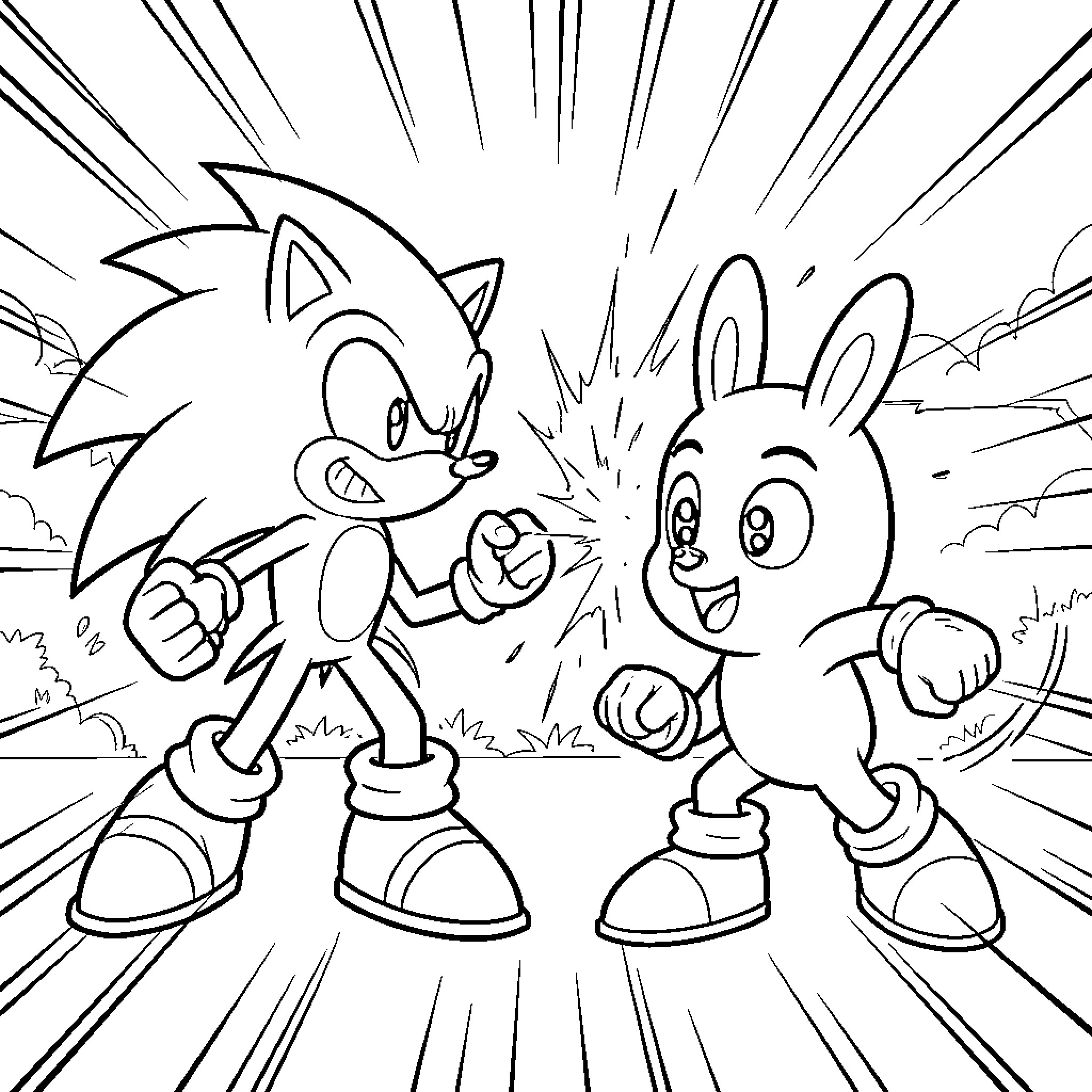 Sonic facing off against a small rabbit character Coloring Page (free black-and-white line drawing printable PDF for all, from beginners to advanced learners, including children, teens, adults, and seniors)
