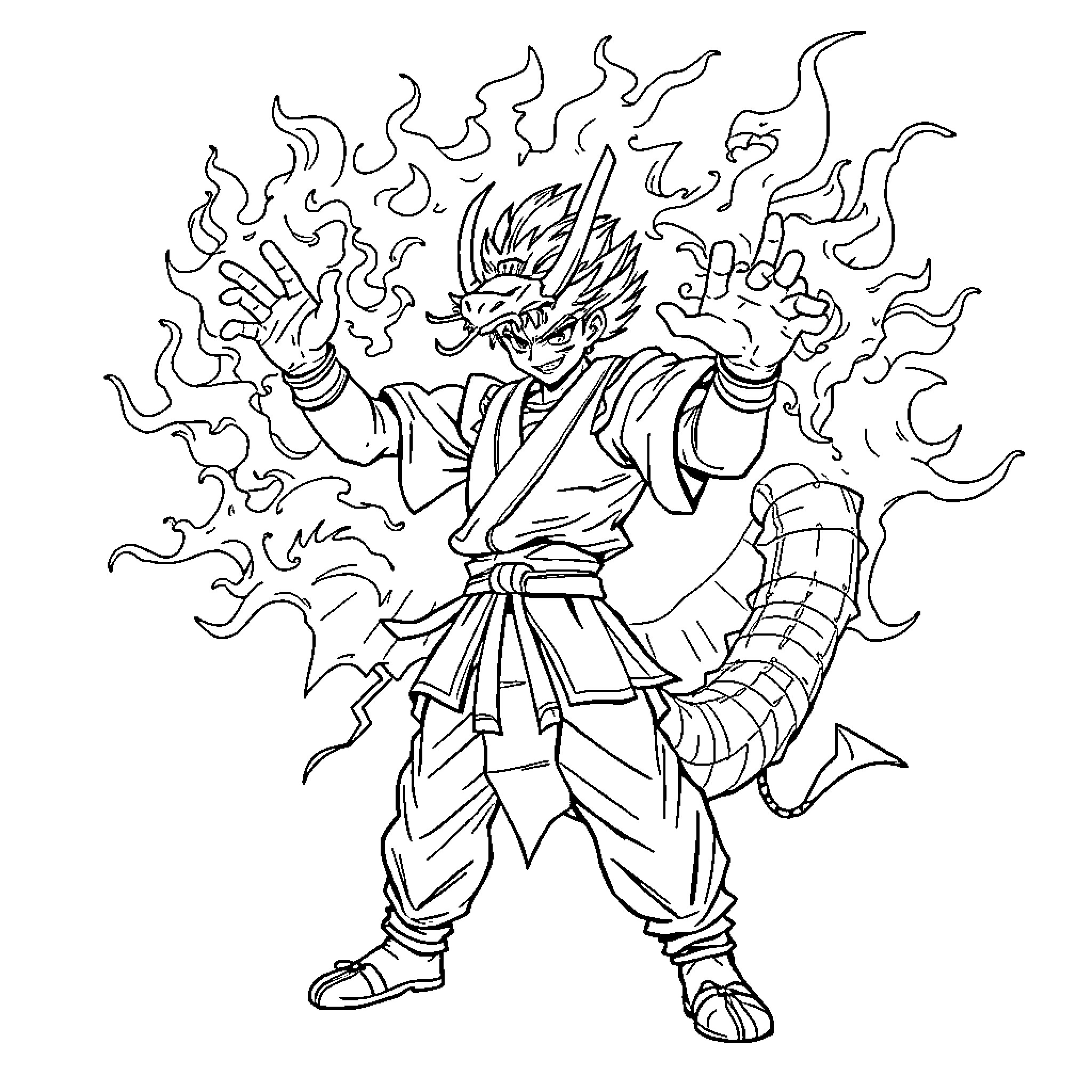 Tanjiro Unleashing Fiery Martial Arts Prowess Coloring Page (free black-and-white line drawing printable PDF for all, from beginners to advanced learners, including children, teens, adults, and seniors)