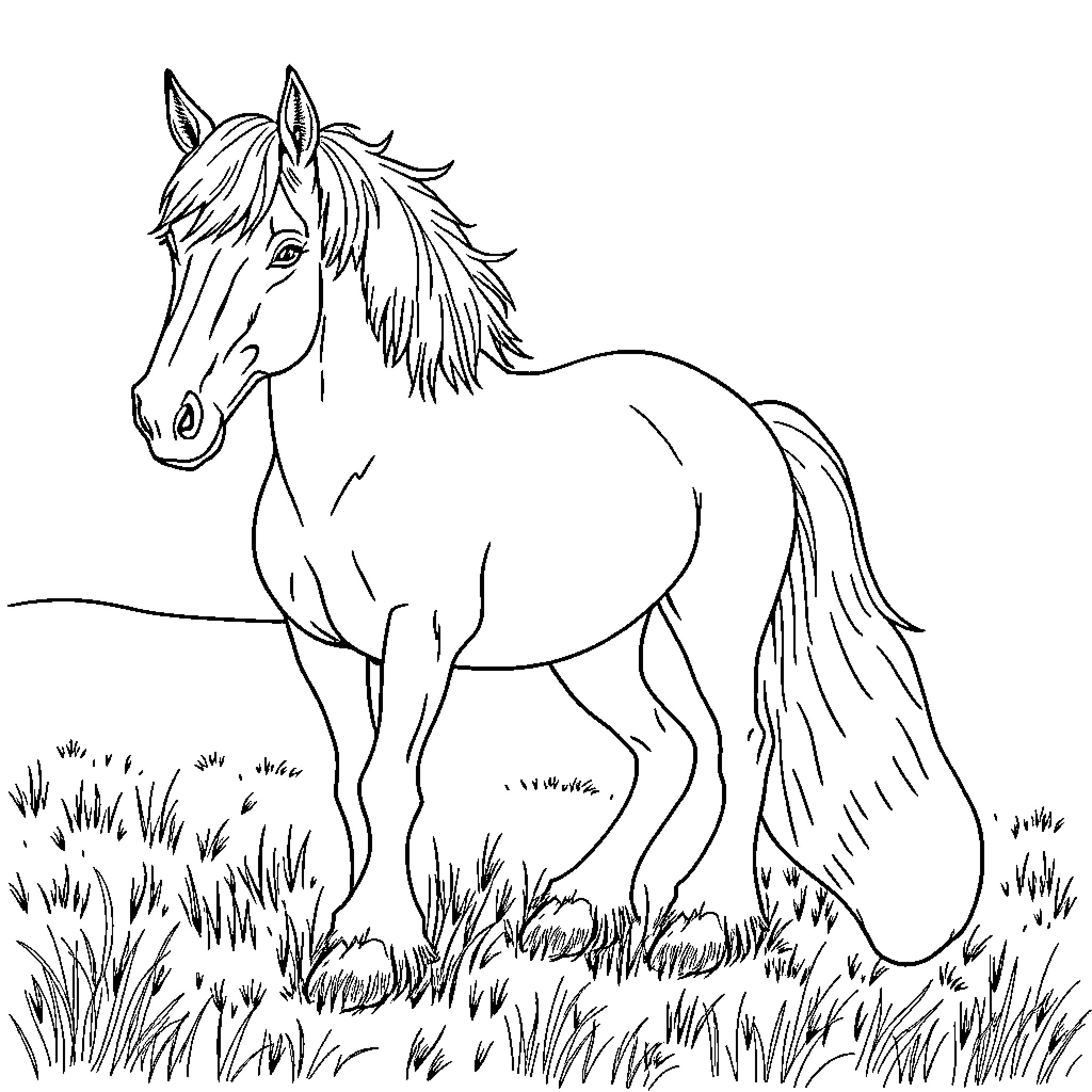 Horse standing in a grassy field Coloring Page (free black-and-white line drawing printable PDF for all, from beginners to advanced learners, including children, teens, adults, and seniors)