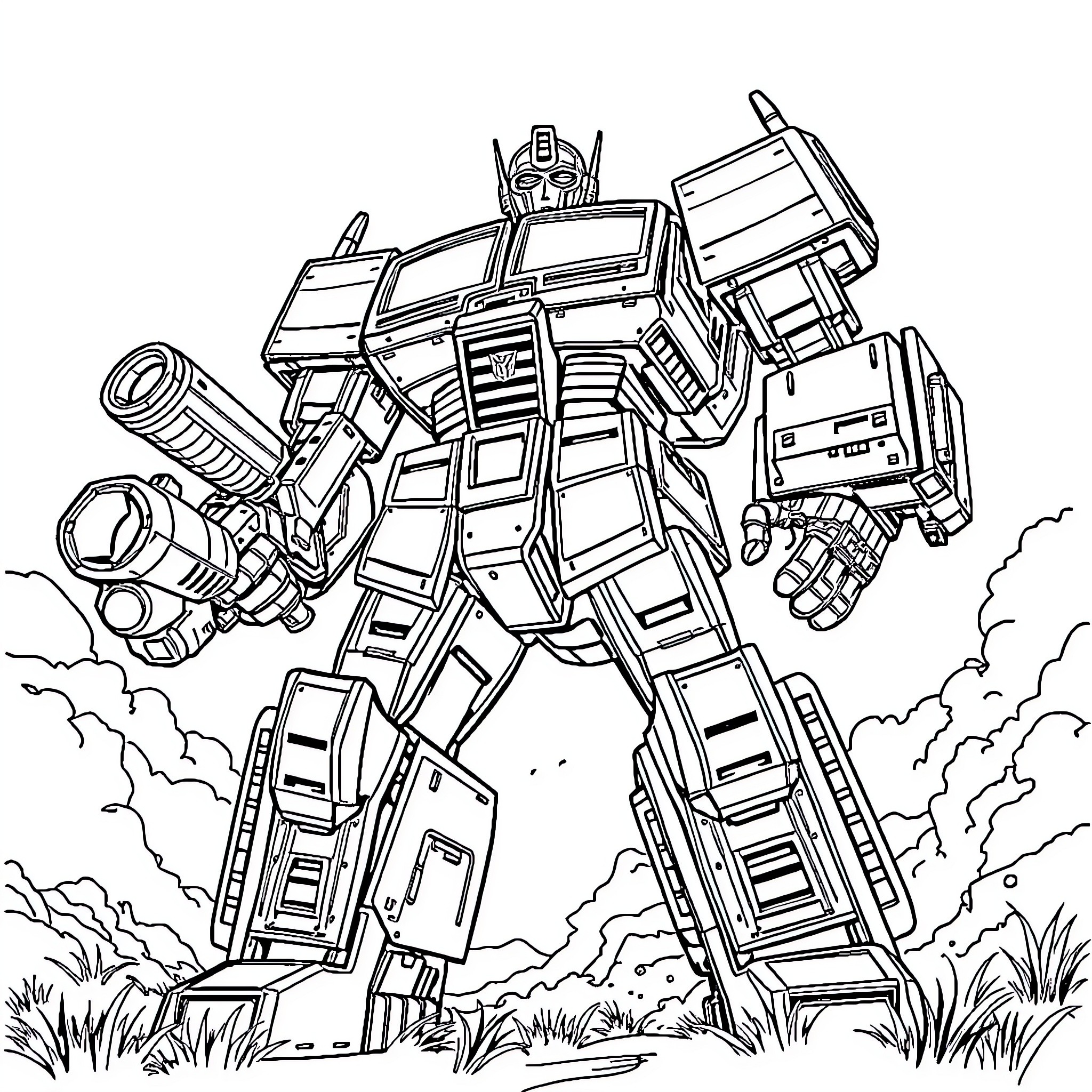 Transformer robot in action pose Coloring Page (free black-and-white line drawing printable PDF for all, from beginners to advanced learners, including children, teens, adults, and seniors)