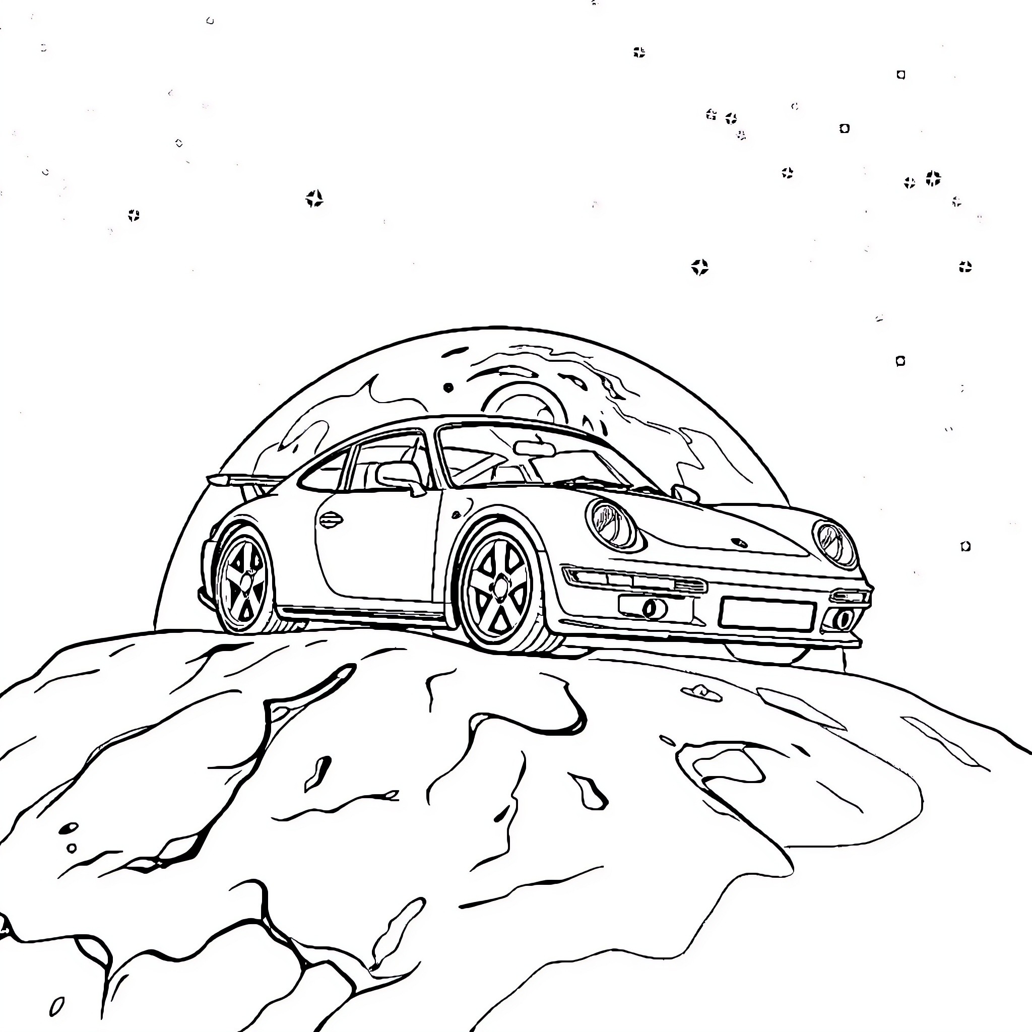 Porsche 911 Exploring Mountainous Terrain Coloring Page (free black-and-white line drawing printable PDF for all, from beginners to advanced learners, including children, teens, adults, and seniors)