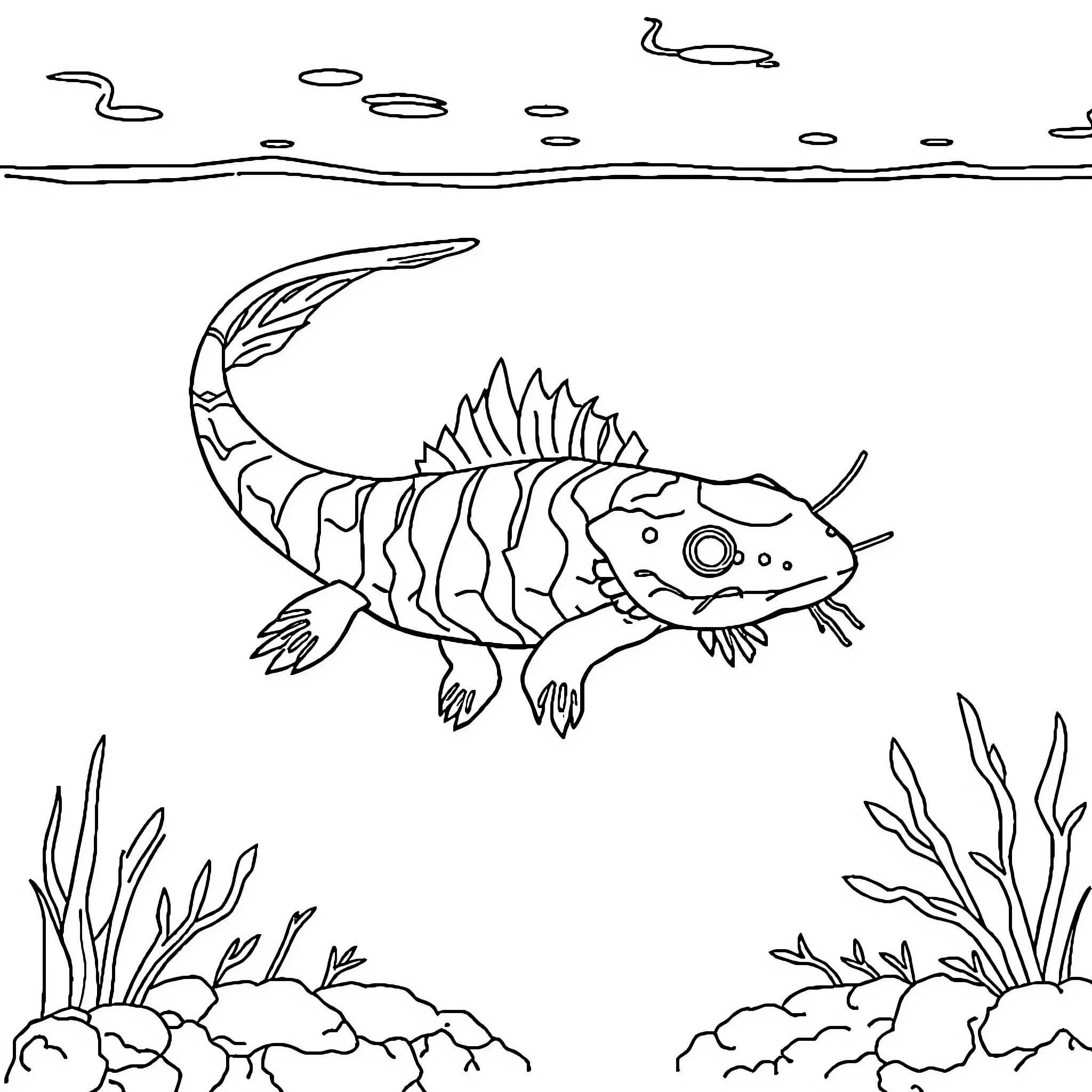 Axolotl swimming through the underwater scene Coloring Page (free black-and-white line drawing printable PDF for all, from beginners to advanced learners, including children, teens, adults, and seniors)