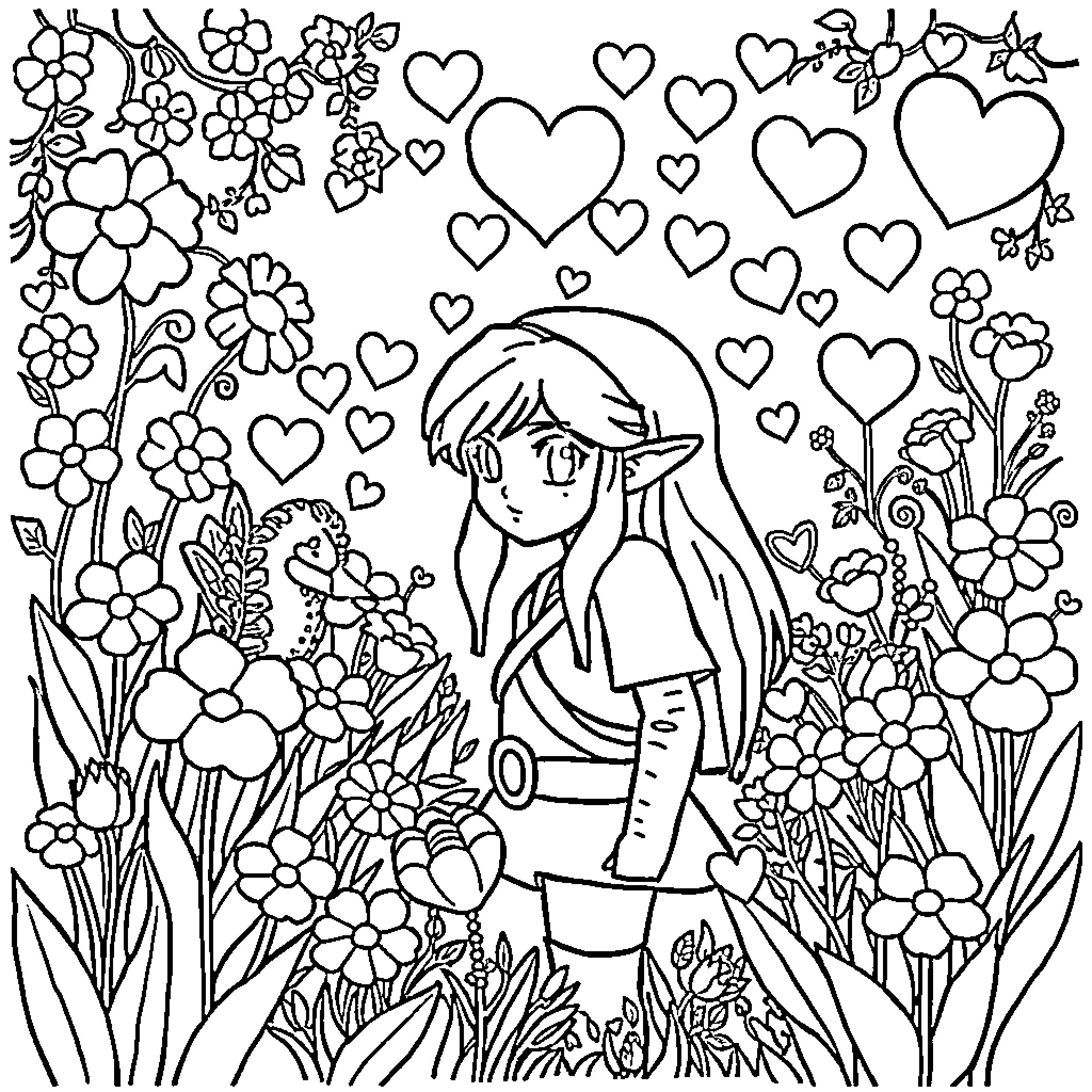 Zelda exploring a whimsical floral wonderland Coloring Page (free black-and-white line drawing printable PDF for all, from beginners to advanced learners, including children, teens, adults, and seniors)