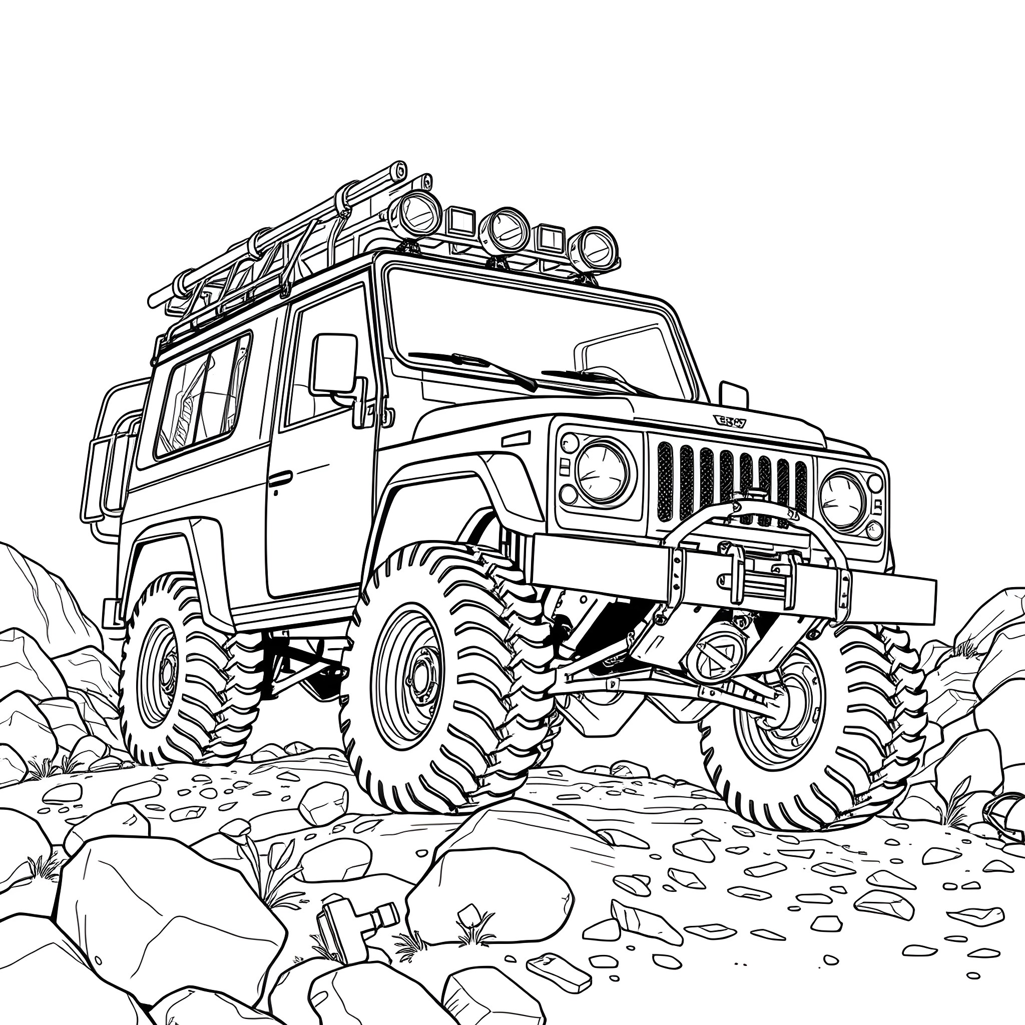 Utility Vehicle Traversing Rugged Terrain Coloring Page (free black-and-white line drawing printable PDF for all, from beginners to advanced learners, including children, teens, adults, and seniors)
