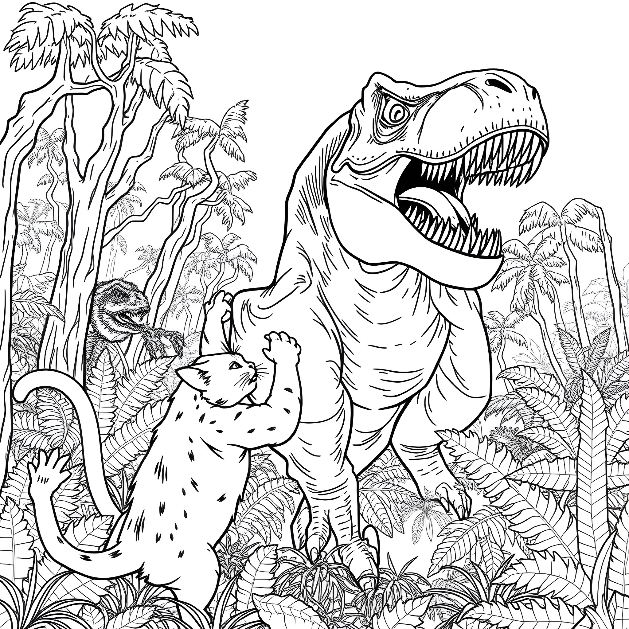 Cat Confronting Ferocious Dinosaur in Lush Jungle Coloring Page (free black-and-white line drawing printable PDF for all, from beginners to advanced learners, including children, teens, adults, and seniors)