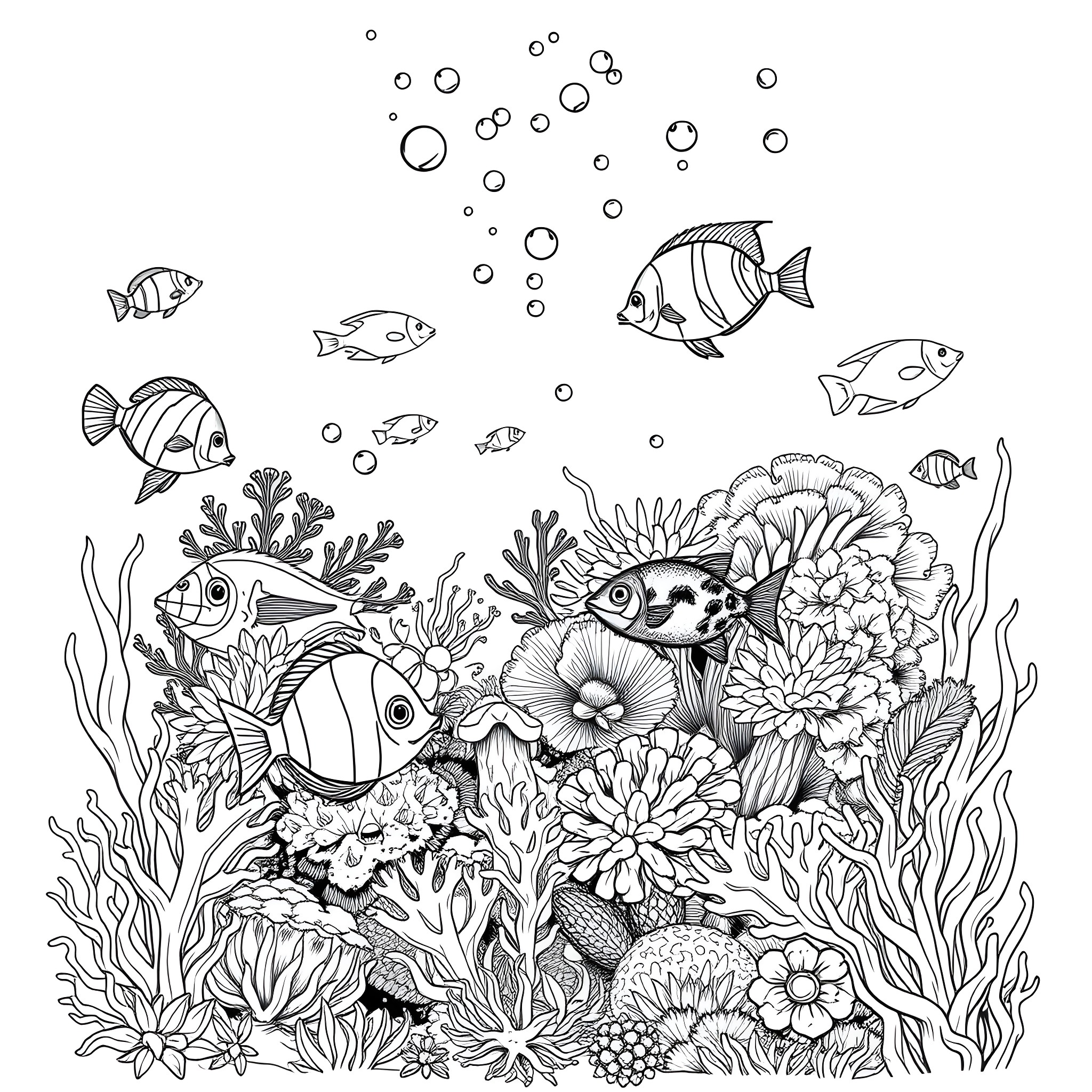 Fish swimming among vibrant underwater plants and flowers Coloring Page (free black-and-white line drawing printable PDF for all, from beginners to advanced learners, including children, teens, adults, and seniors)