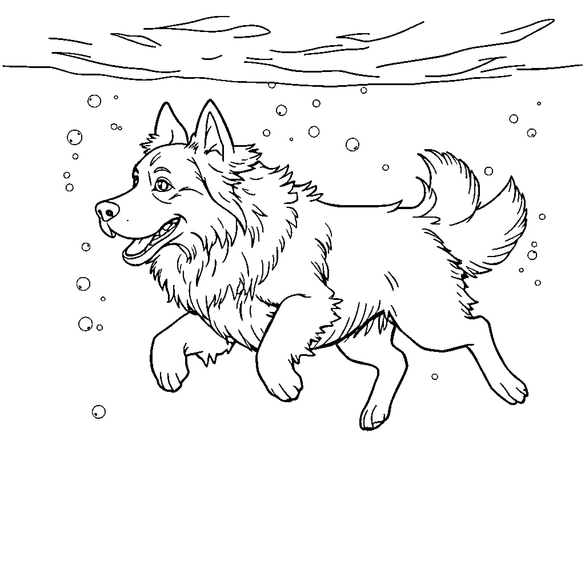 Dog playing joyfully in snowy winter landscape Coloring Page (free black-and-white line drawing printable PDF for all, from beginners to advanced learners, including children, teens, adults, and seniors)