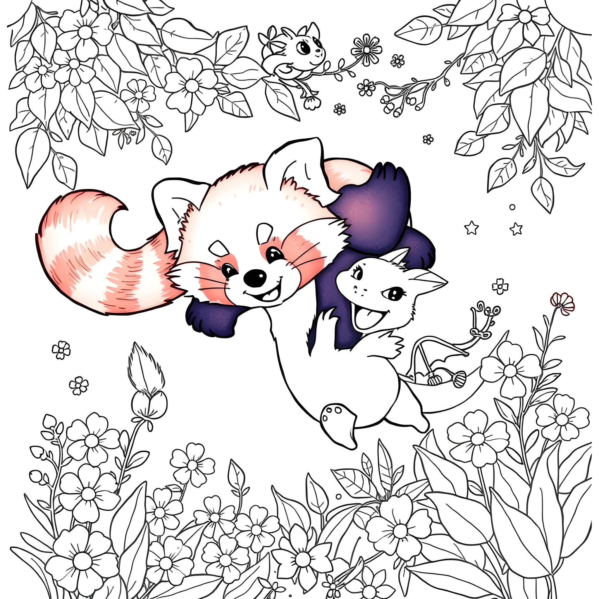 Red Panda Playing Joyfully Amidst Floral Blooms Coloring Page (free black-and-white line drawing printable PDF for all, from beginners to advanced learners, including children, teens, adults, and seniors)
