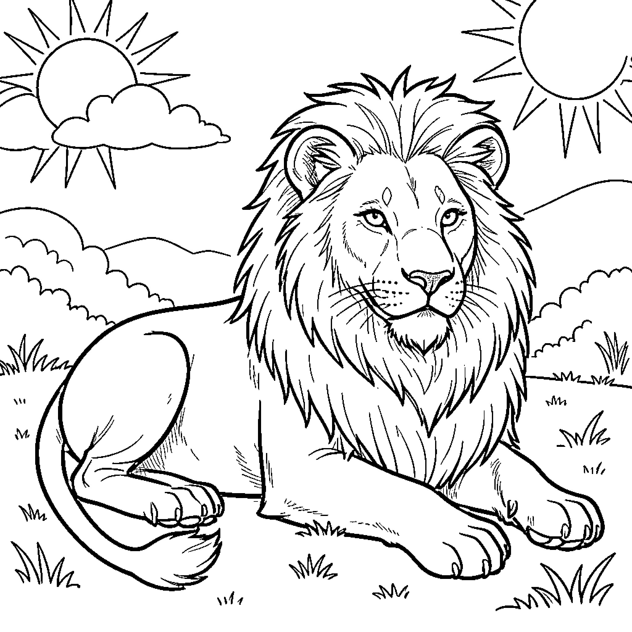 Lion resting peacefully in the serene wilderness Coloring Page (free black-and-white line drawing printable PDF for all, from beginners to advanced learners, including children, teens, adults, and seniors)