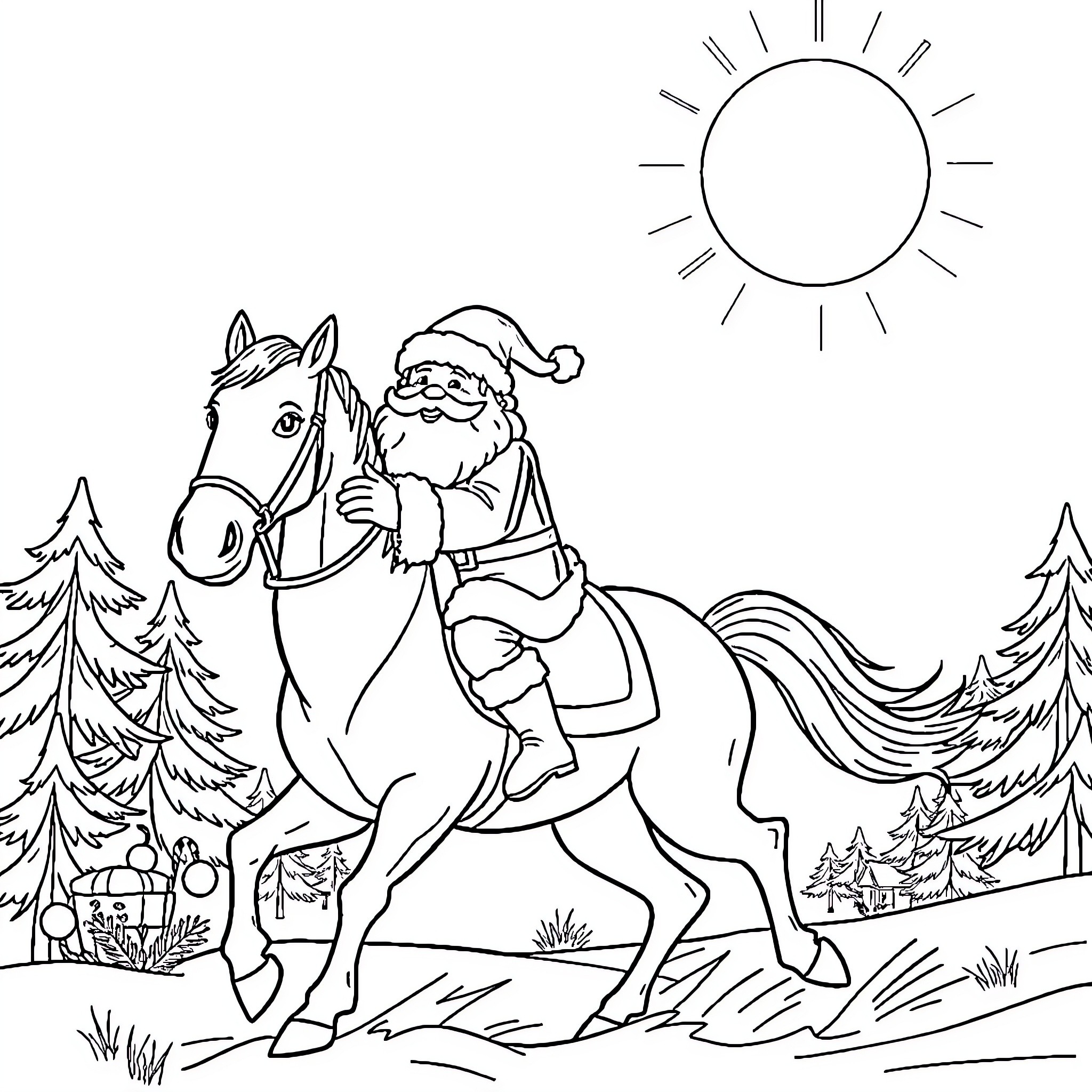 Santa riding a horse in a winter landscape Coloring Page (free black-and-white line drawing printable PDF for all, from beginners to advanced learners, including children, teens, adults, and seniors)