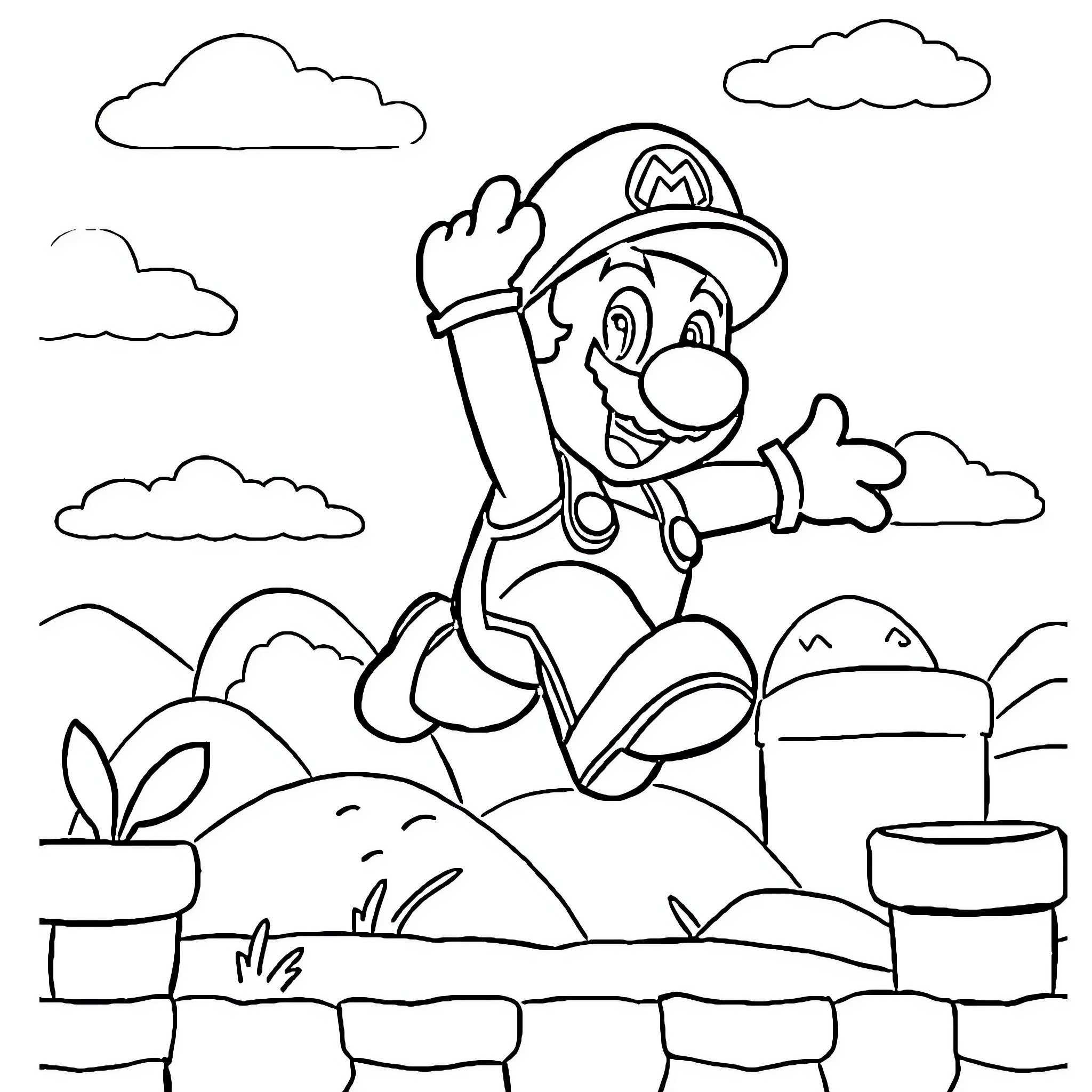 Mario's Outdoor Adventure Coloring Page (free black-and-white line drawing printable PDF for all, from beginners to advanced learners, including children, teens, adults, and seniors)