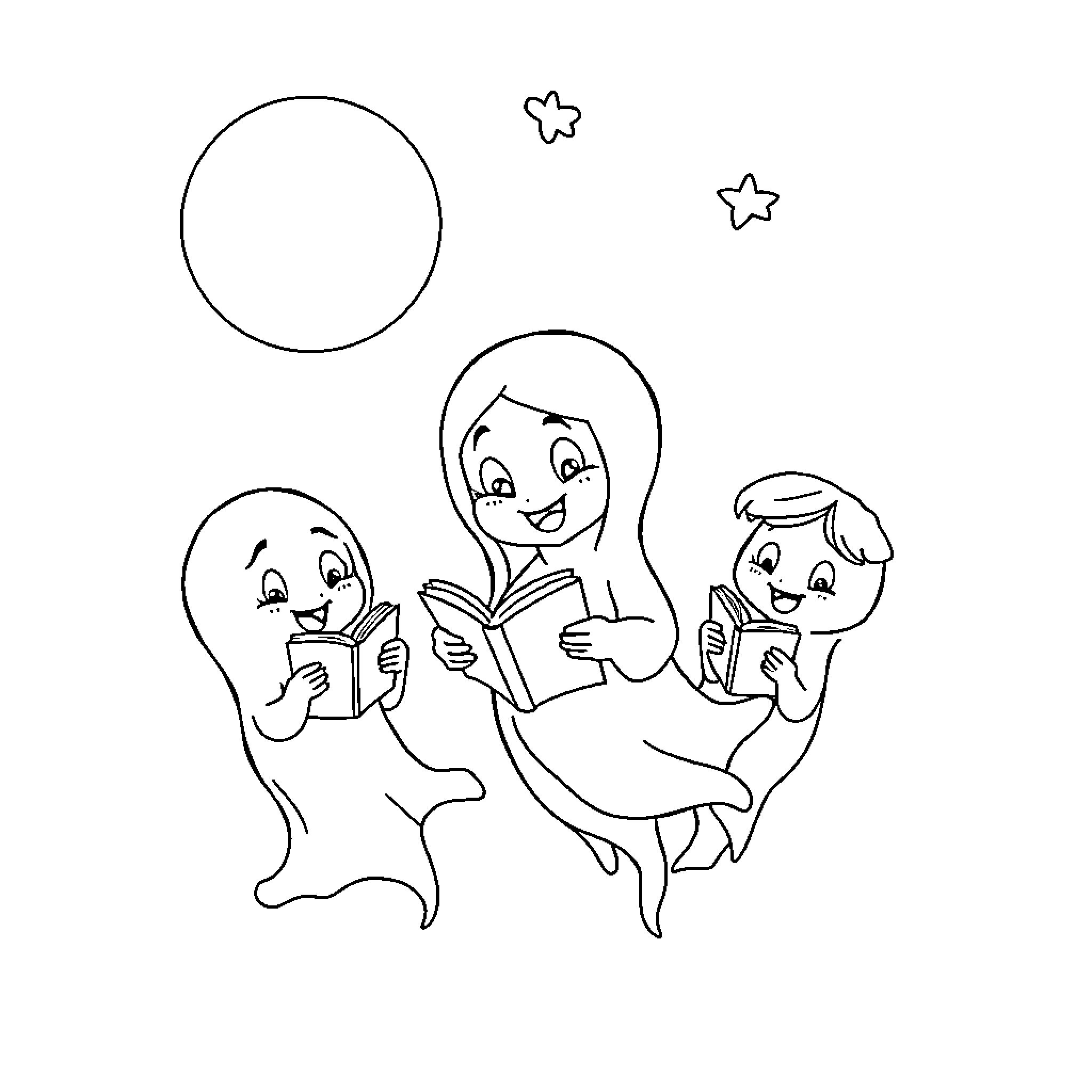 Ghost friends reading books and smiling Coloring Page (free black-and-white line drawing printable PDF for all, from beginners to advanced learners, including children, teens, adults, and seniors)