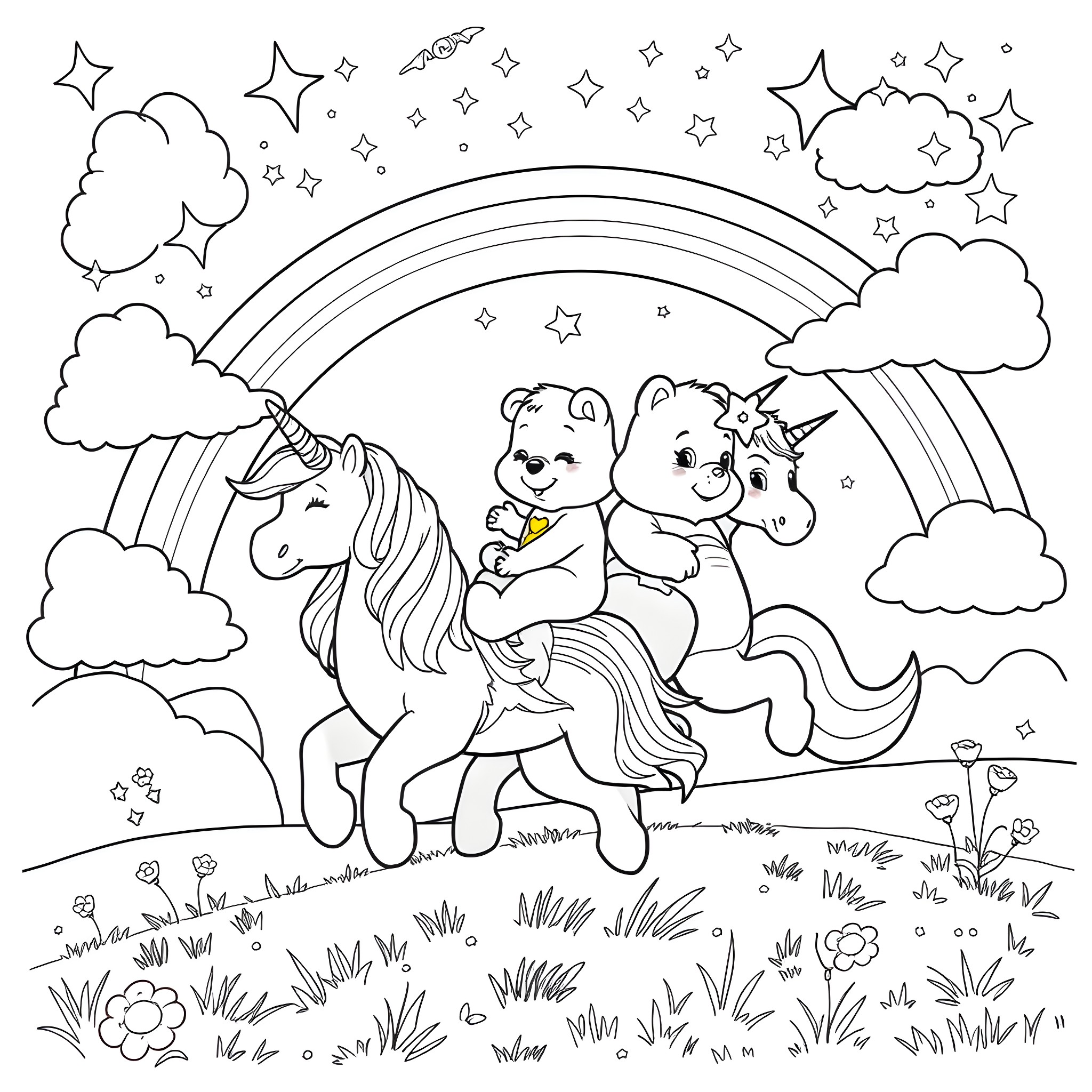 Carebear unicorns playing happily under a rainbow Coloring Page (free black-and-white line drawing printable PDF for all, from beginners to advanced learners, including children, teens, adults, and seniors)