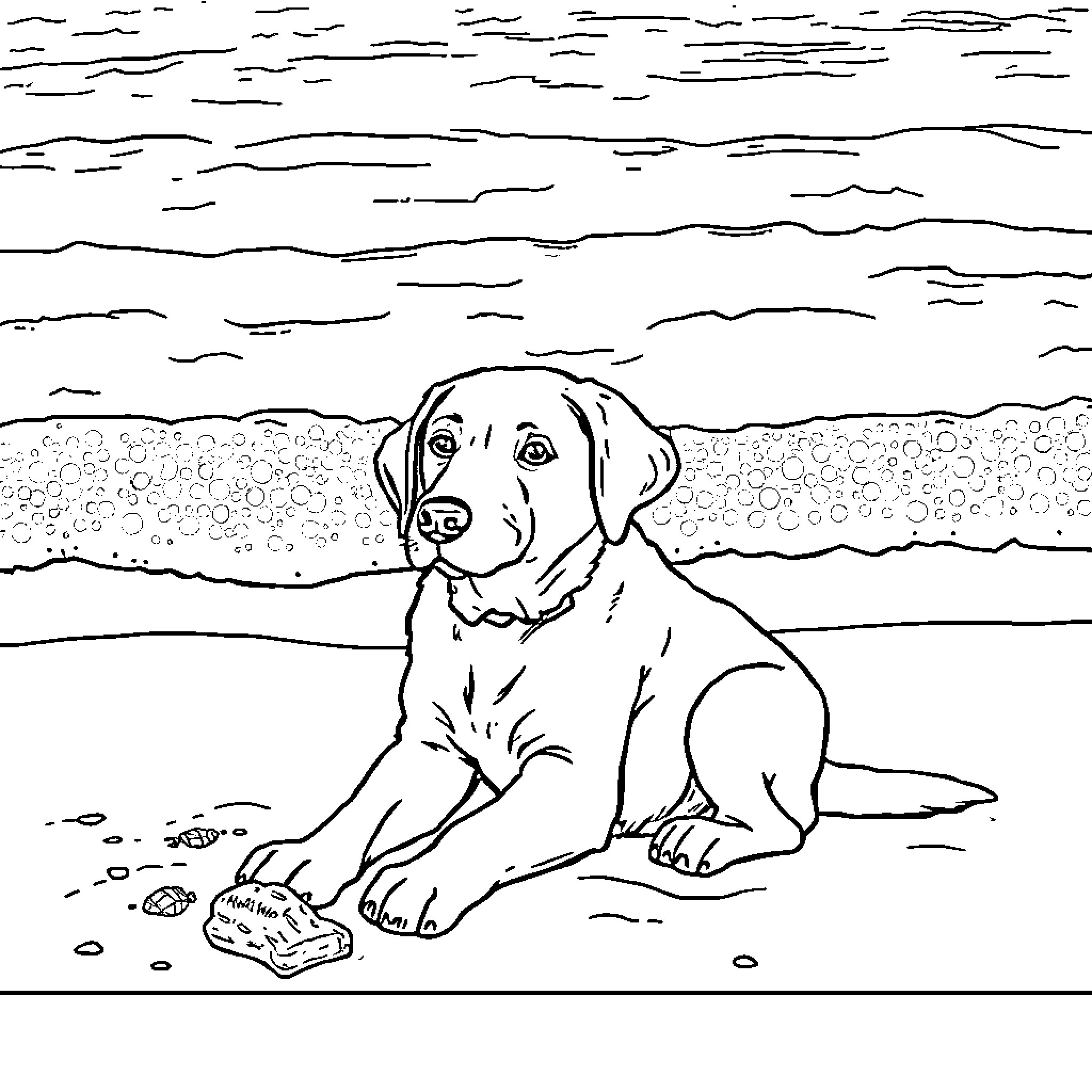 Labrador playing on the beach Coloring Page (free black-and-white line drawing printable PDF for all, from beginners to advanced learners, including children, teens, adults, and seniors)