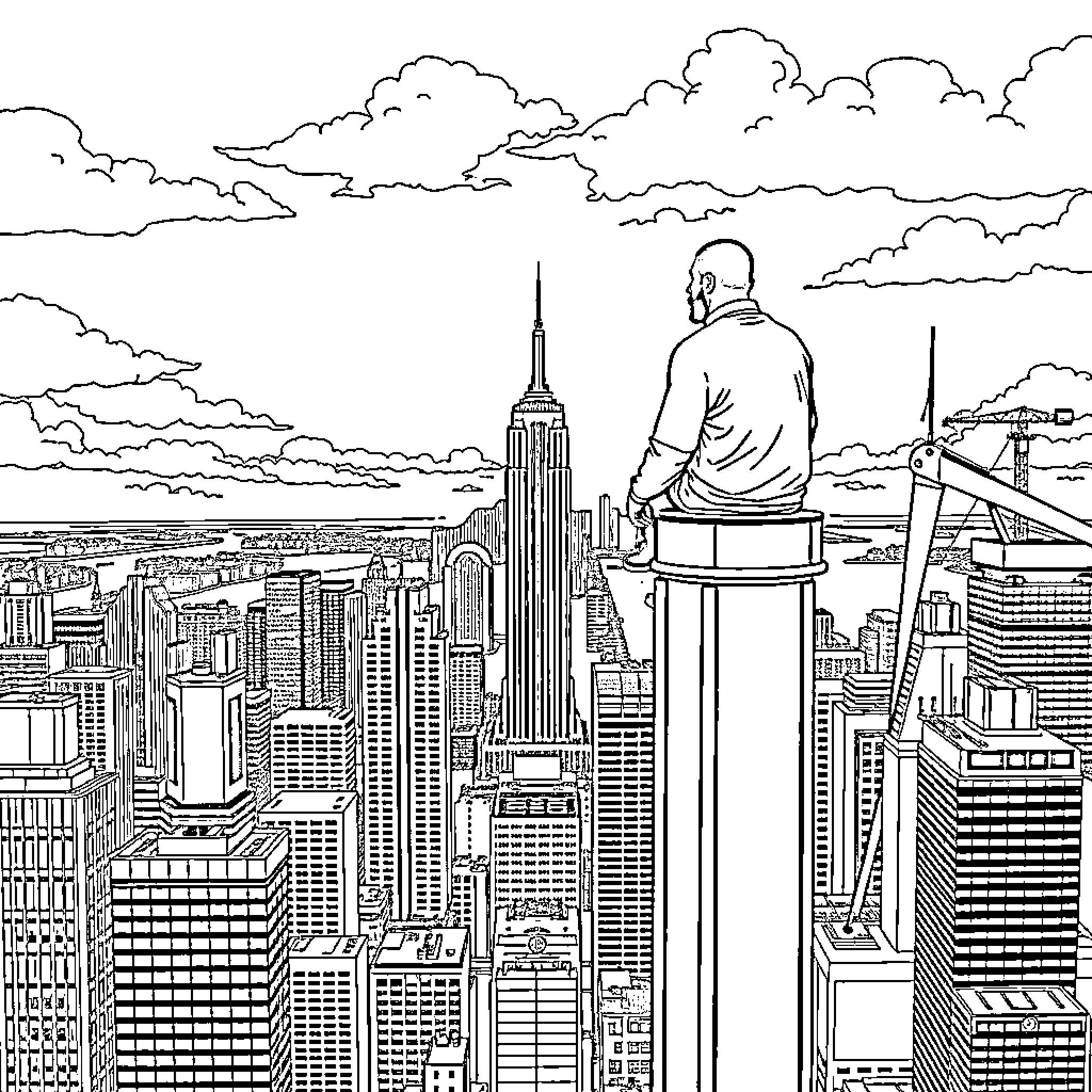 Drake overlooking the busy city skyline Coloring Page (free black-and-white line drawing printable PDF for all, from beginners to advanced learners, including children, teens, adults, and seniors)