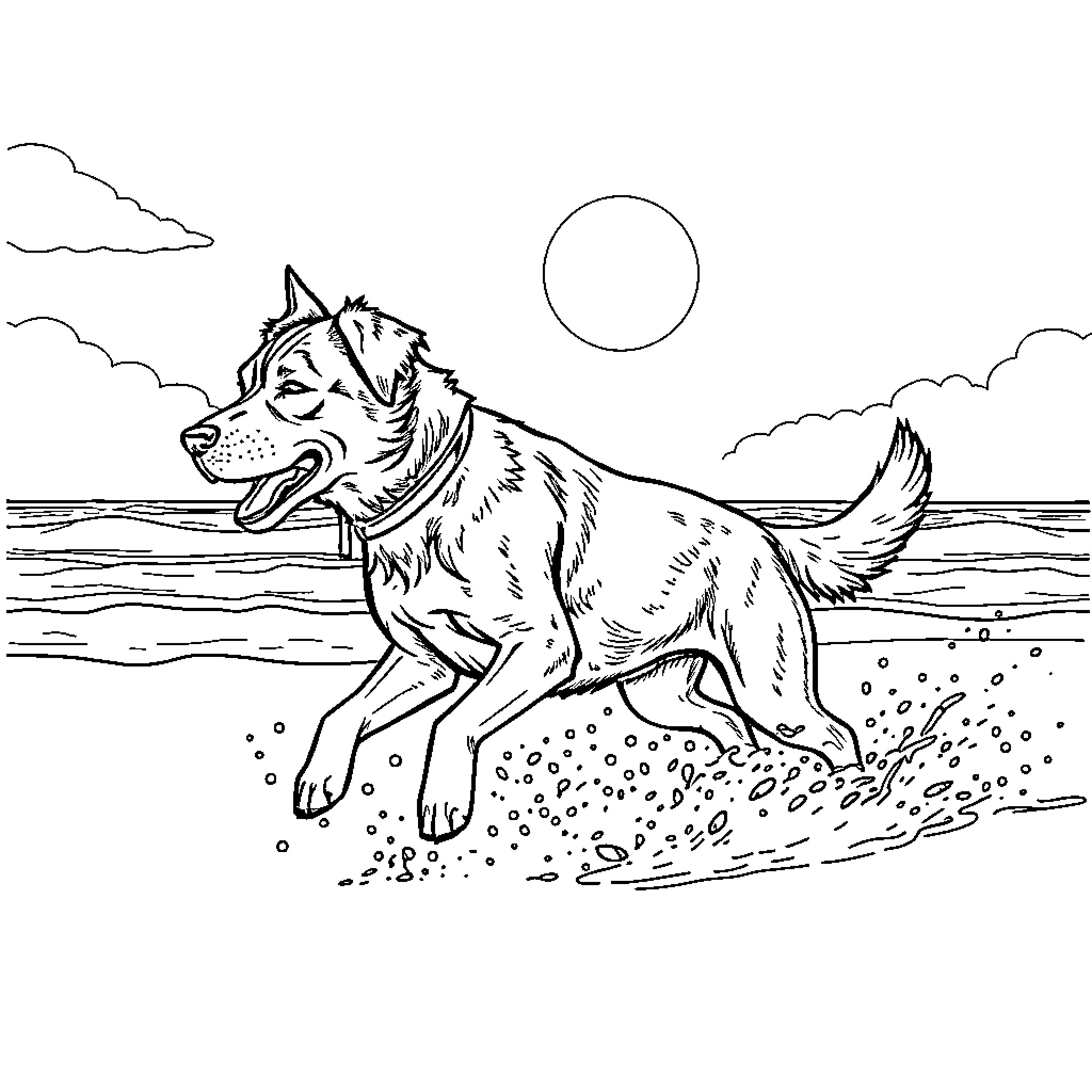 Dog running happily on the beach Coloring Page (free black-and-white line drawing printable PDF for all, from beginners to advanced learners, including children, teens, adults, and seniors)