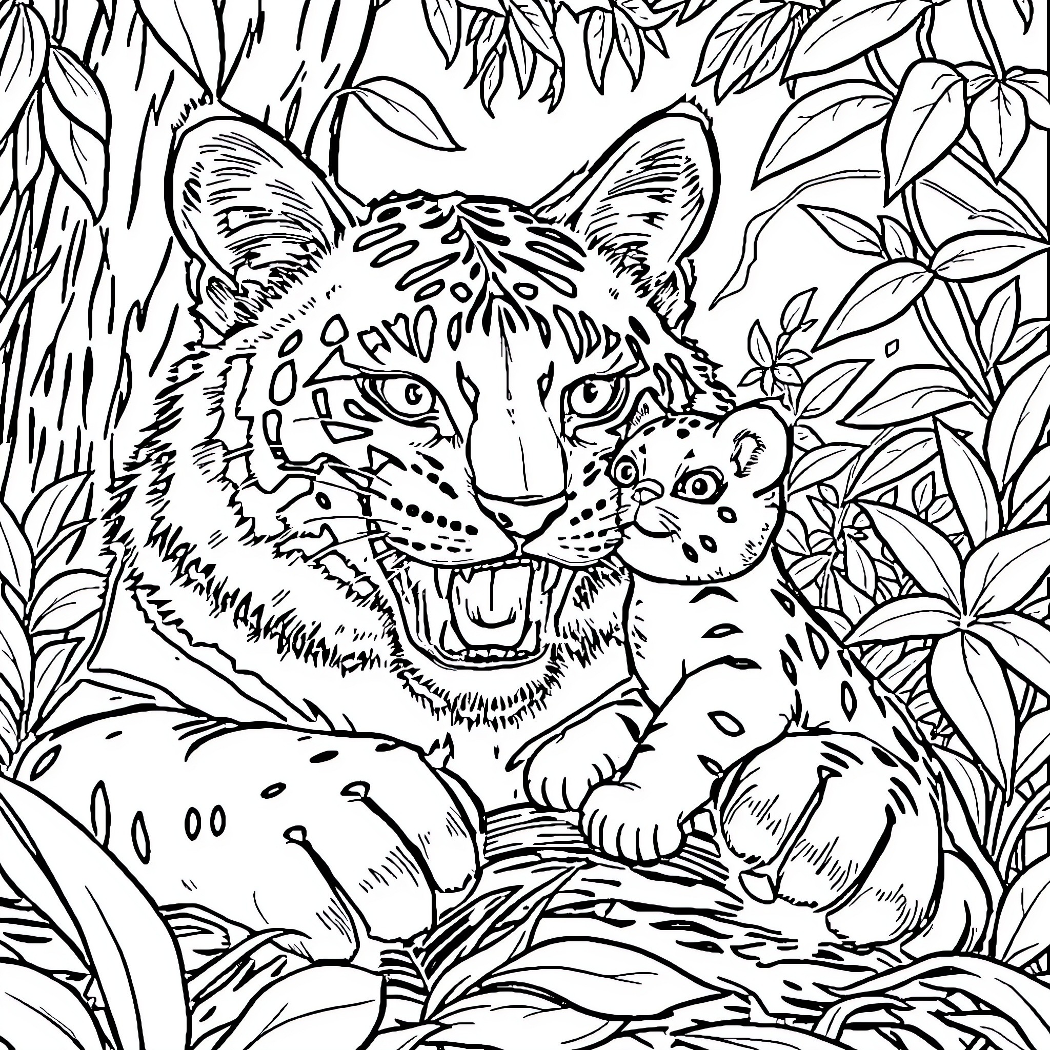 Tiger Protecting its Cub in the Jungle Coloring Page (free black-and-white line drawing printable PDF for all, from beginners to advanced learners, including children, teens, adults, and seniors)