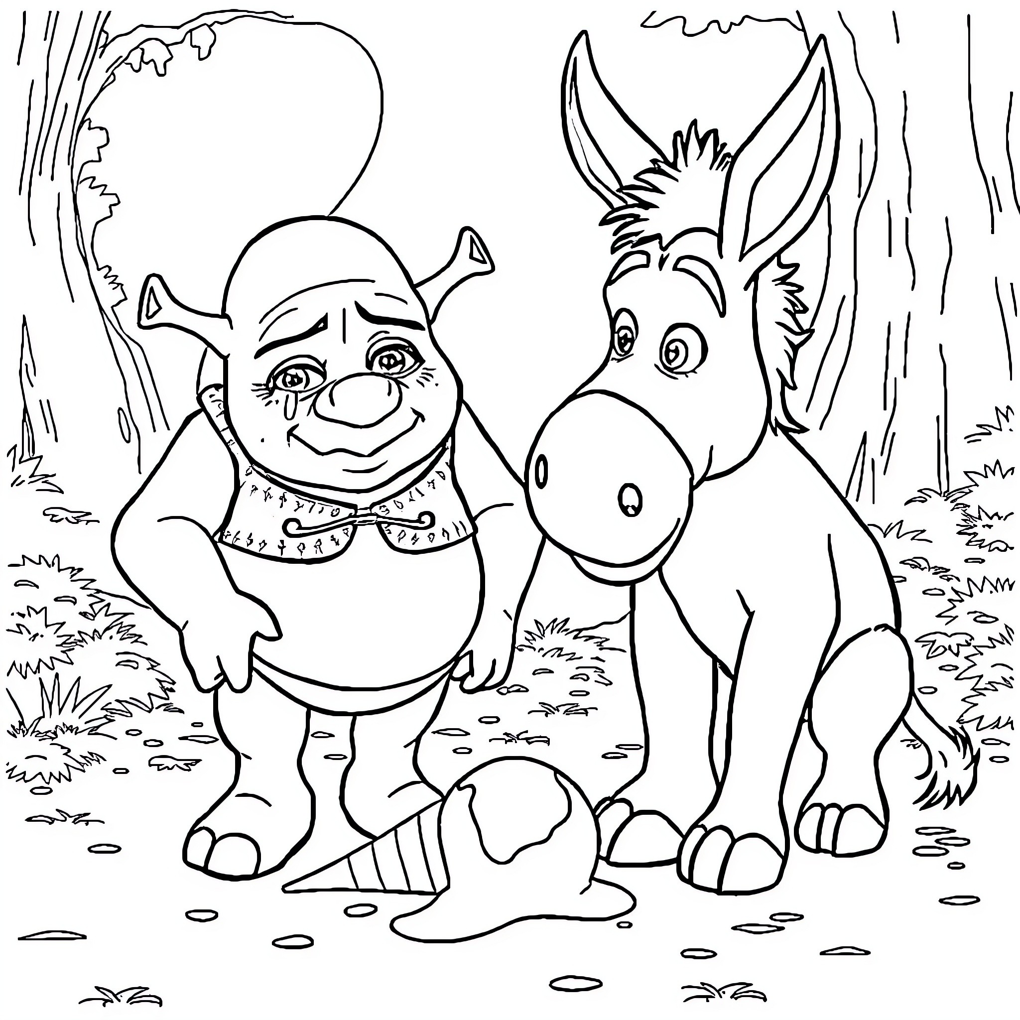 Shrek and Donkey in the Enchanted Forest Coloring Page (free black-and-white line drawing printable PDF for all, from beginners to advanced learners, including children, teens, adults, and seniors)