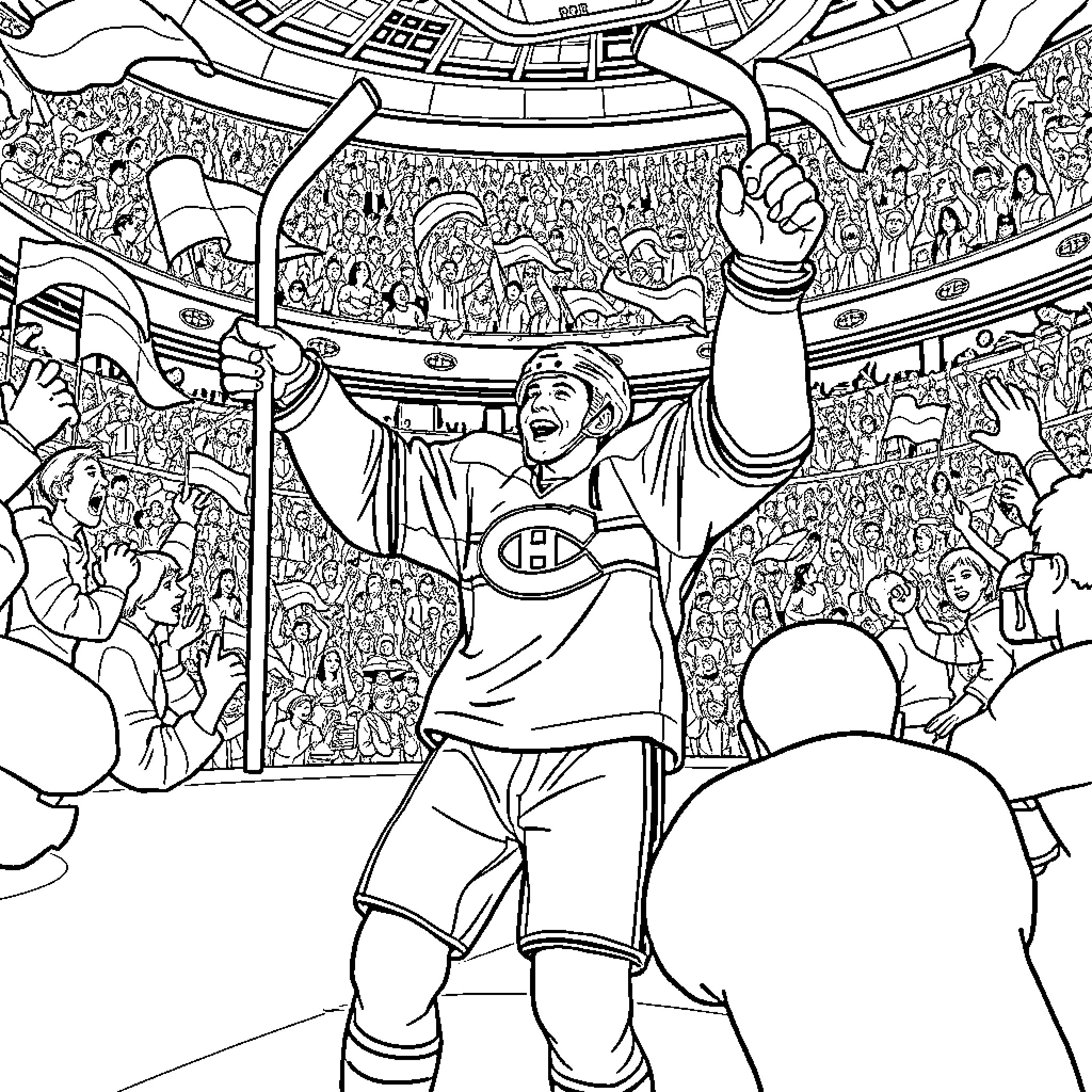 Cole Caufield Celebrating Hockey Championship Victory Coloring Page (free black-and-white line drawing printable PDF for all, from beginners to advanced learners, including children, teens, adults, and seniors)