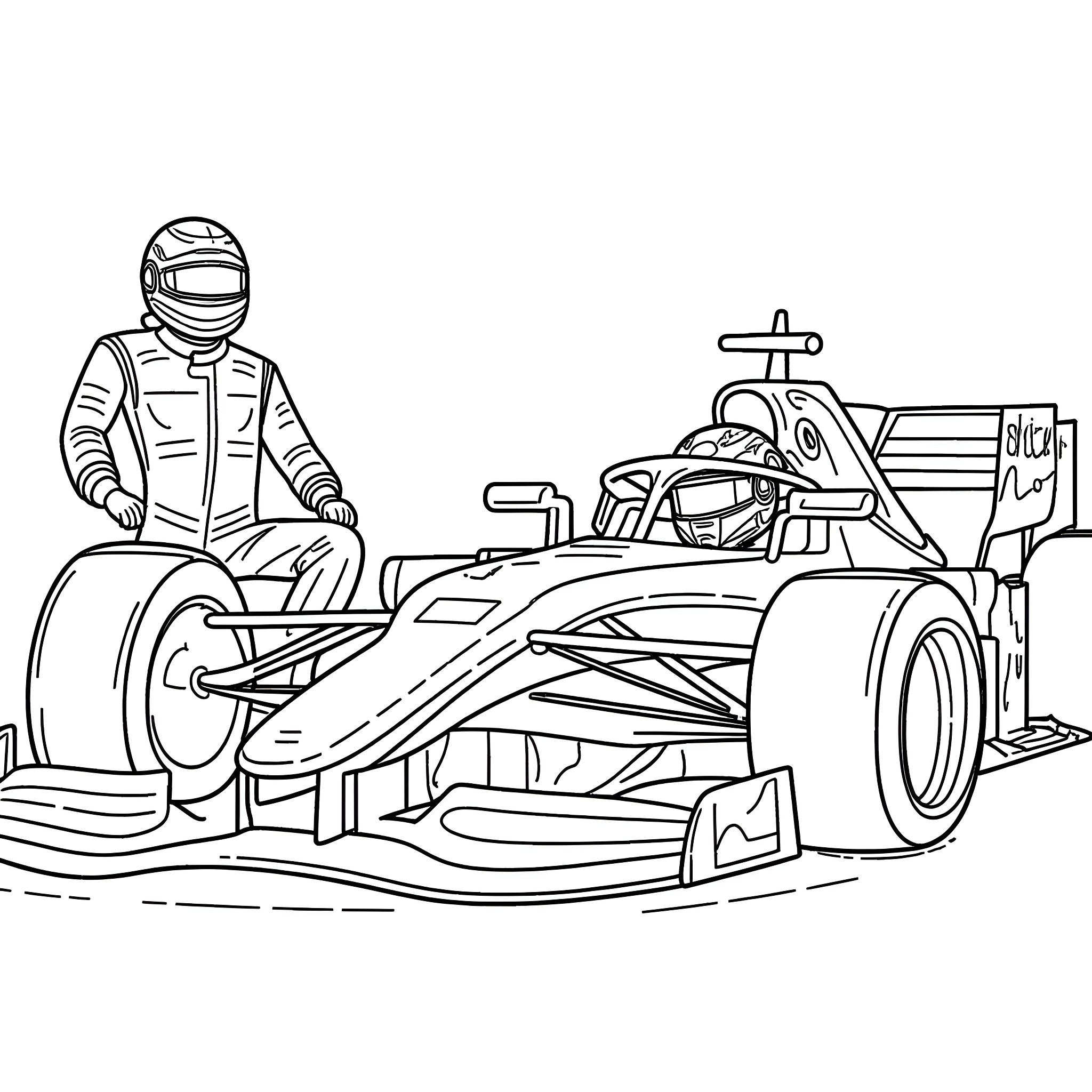 F1 Driver in Racing Car on the Track Coloring Page (free black-and-white line drawing printable PDF for all, from beginners to advanced learners, including children, teens, adults, and seniors)