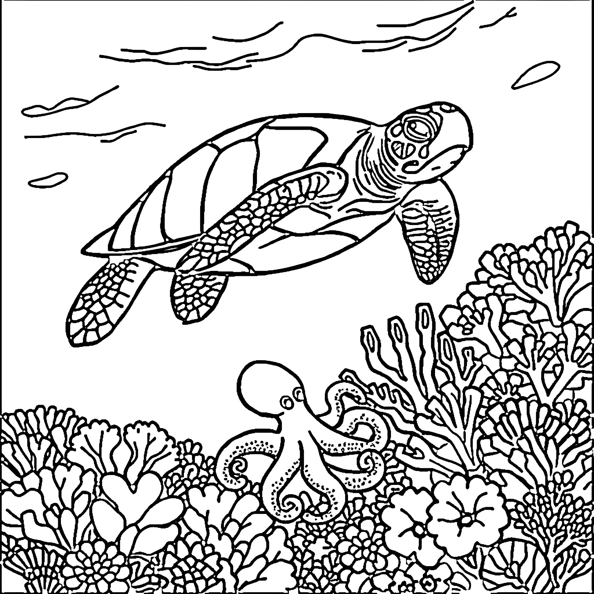 Turtle swimming among coral and sea creatures Coloring Page (free black-and-white line drawing printable PDF for all, from beginners to advanced learners, including children, teens, adults, and seniors)