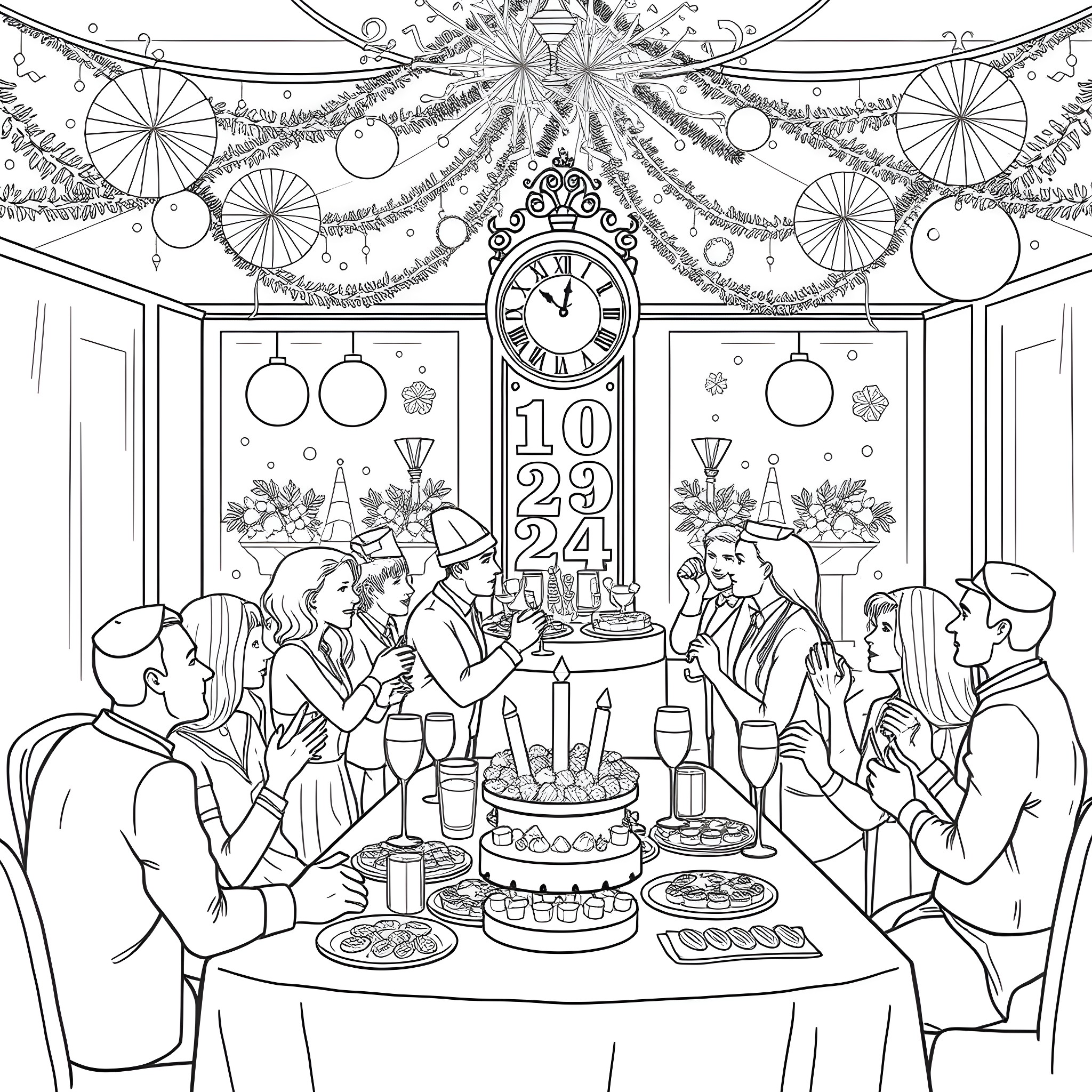 New Year Celebration with Family and Friends Coloring Page (free black-and-white line drawing printable PDF for all, from beginners to advanced learners, including children, teens, adults, and seniors)