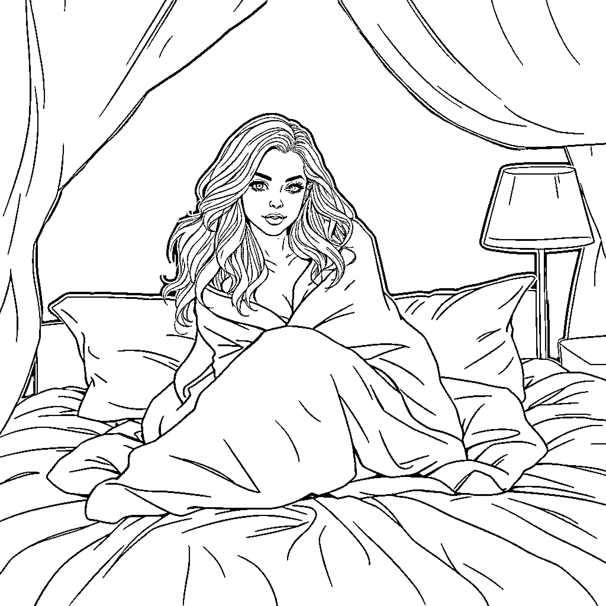Sabrina Carpenter relaxing in a cozy bedroom Coloring Page (free black-and-white line drawing printable PDF for all, from beginners to advanced learners, including children, teens, adults, and seniors)