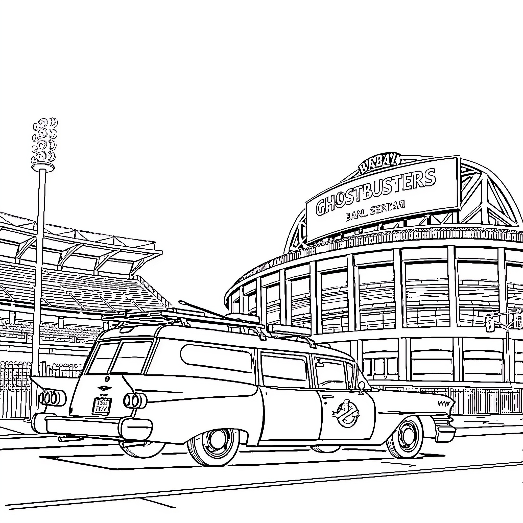 Ghostbusters Ecto 1 vehicle in front of Ghostbusters stadium Coloring Page (free black-and-white line drawing printable PDF for all, from beginners to advanced learners, including children, teens, adults, and seniors)