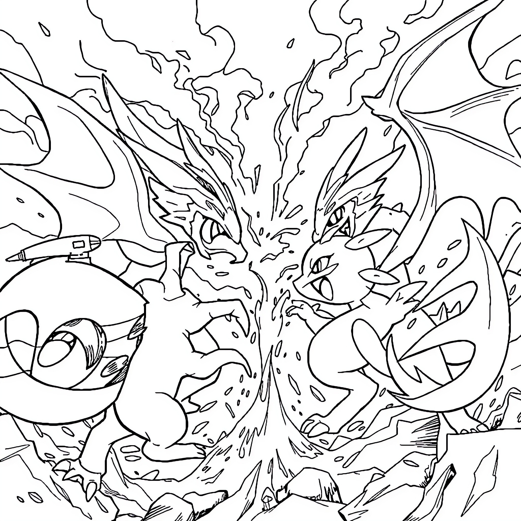 Pokémon characters in an epic battle scene Coloring Page (free black-and-white line drawing printable PDF for all, from beginners to advanced learners, including children, teens, adults, and seniors)