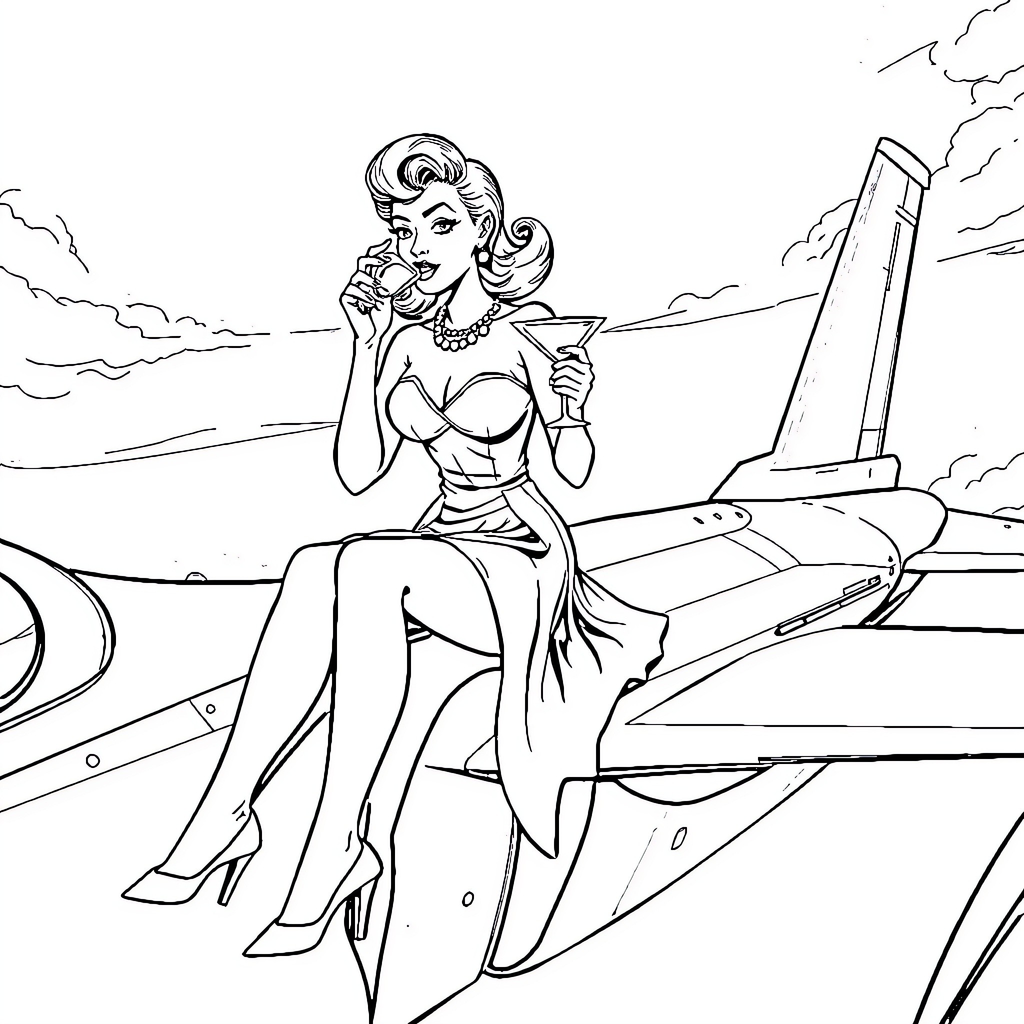 Woman posing gracefully near a jet plane Coloring Page (free black-and-white line drawing printable PDF for all, from beginners to advanced learners, including children, teens, adults, and seniors)