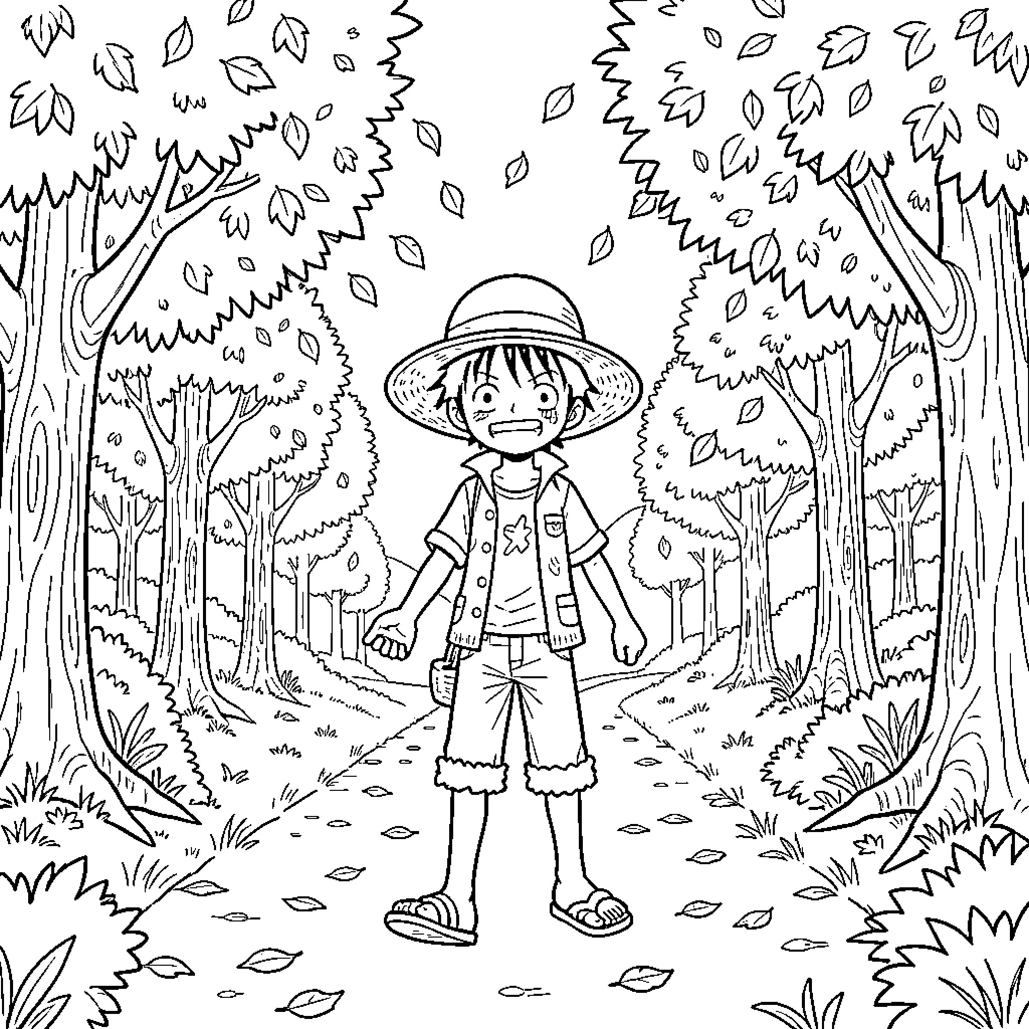 Luffy standing surprised in a forest of falling leaves Coloring Page (free black-and-white line drawing printable PDF for all, from beginners to advanced learners, including children, teens, adults, and seniors)