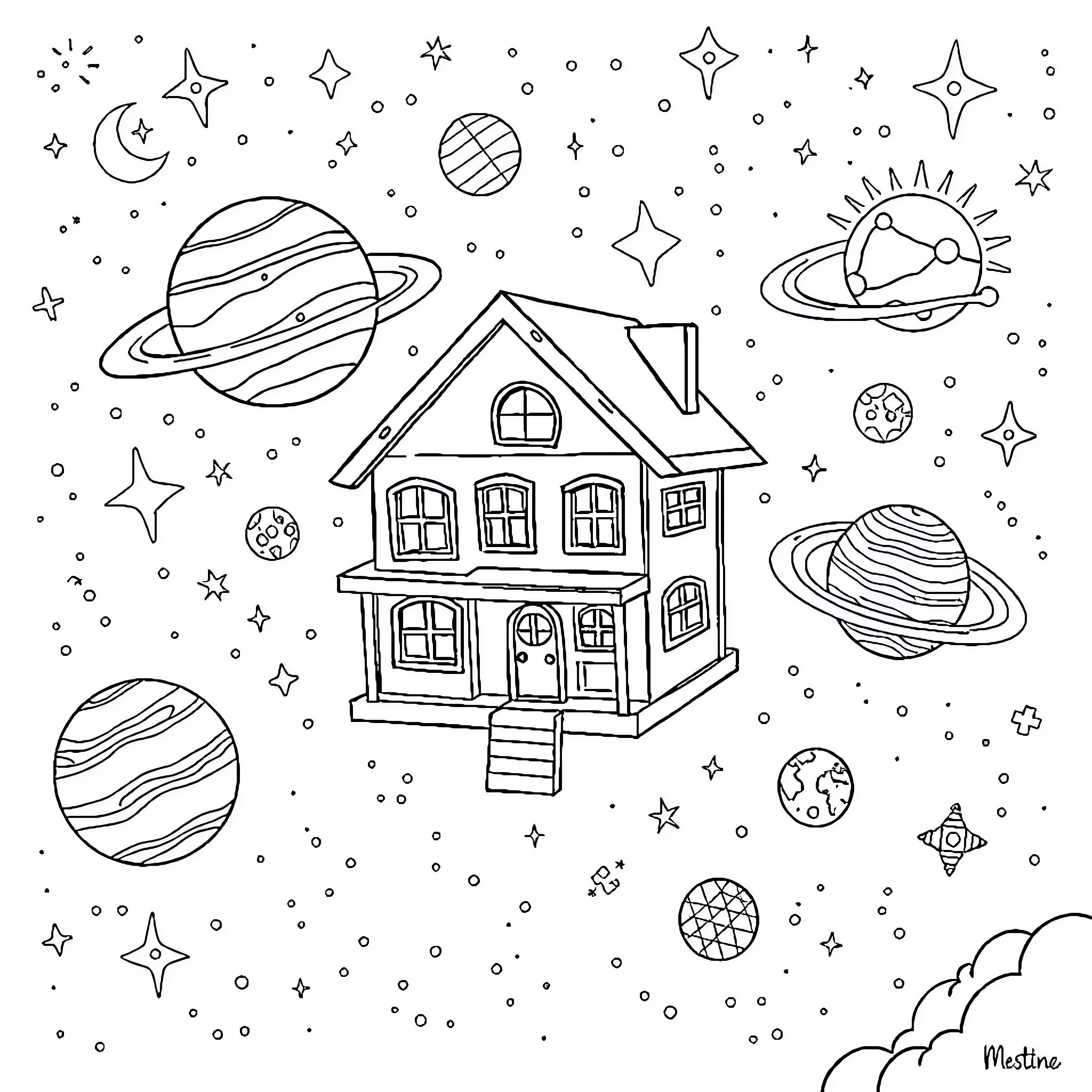 Gabby Dollhouse in a cosmic space adventure Coloring Page (free black-and-white line drawing printable PDF for all, from beginners to advanced learners, including children, teens, adults, and seniors)