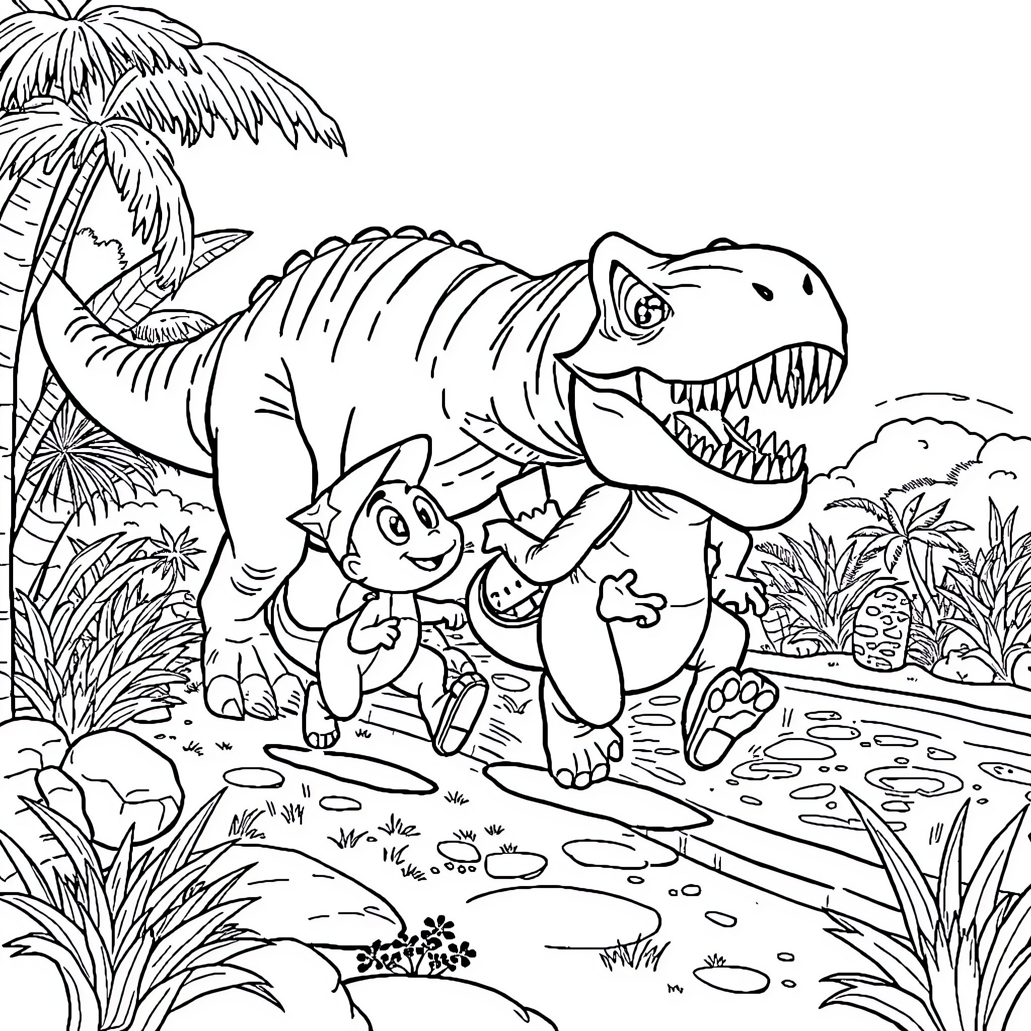 Bluey and friends explore the prehistoric jungle Coloring Page (free black-and-white line drawing printable PDF for all, from beginners to advanced learners, including children, teens, adults, and seniors)