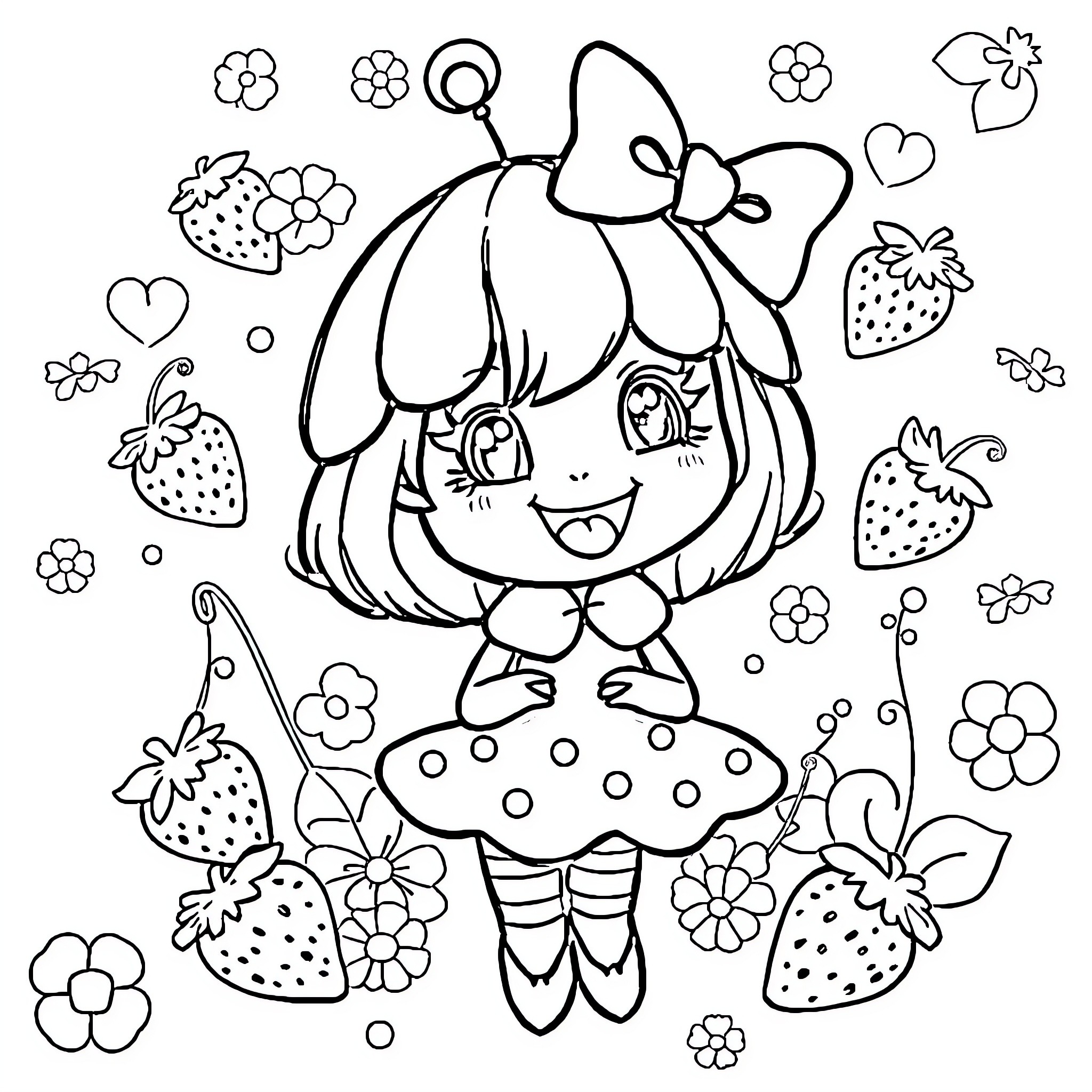 Fraisinette's Strawberry Filled Adventure Coloring Page (free black-and-white line drawing printable PDF for all, from beginners to advanced learners, including children, teens, adults, and seniors)