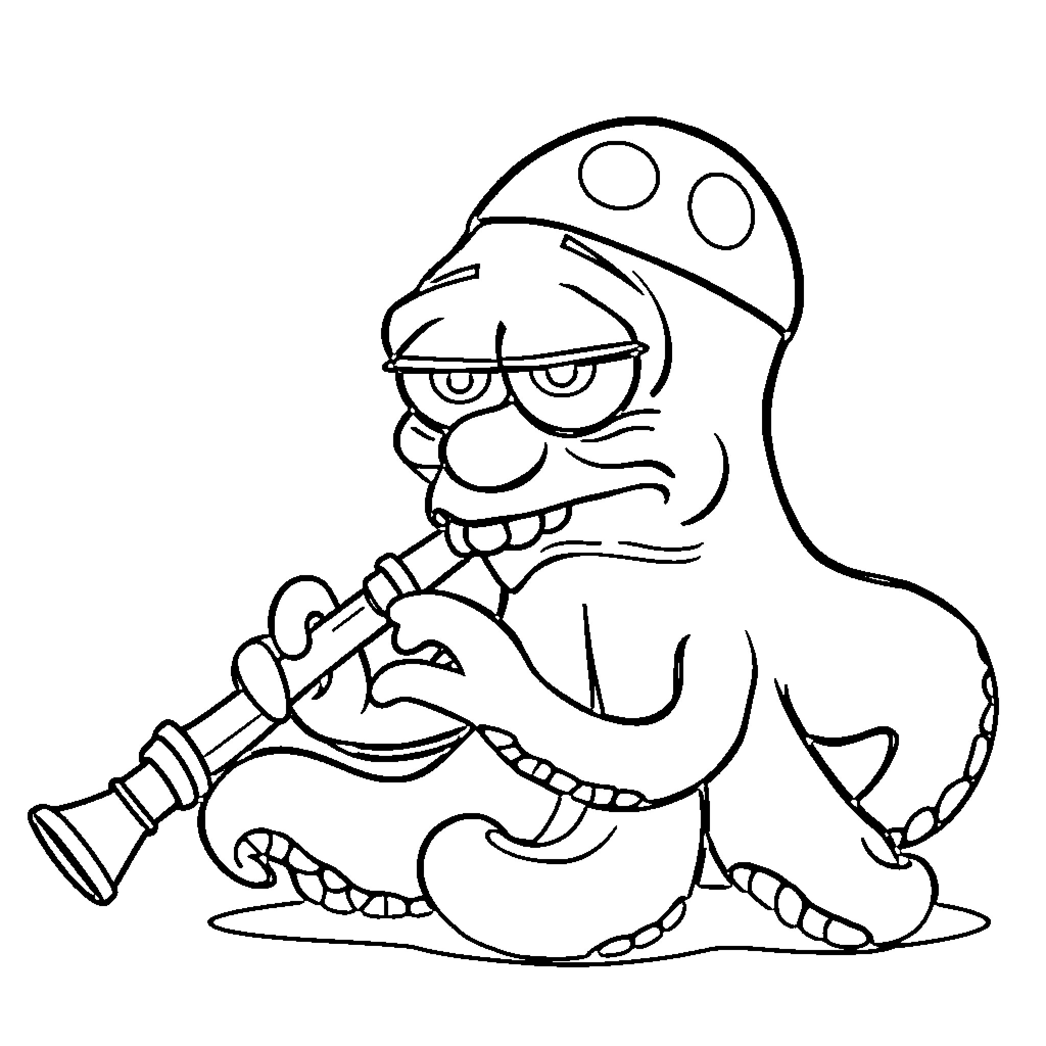 Calamardo playing a musical instrument Coloring Page (free black-and-white line drawing printable PDF for all, from beginners to advanced learners, including children, teens, adults, and seniors)