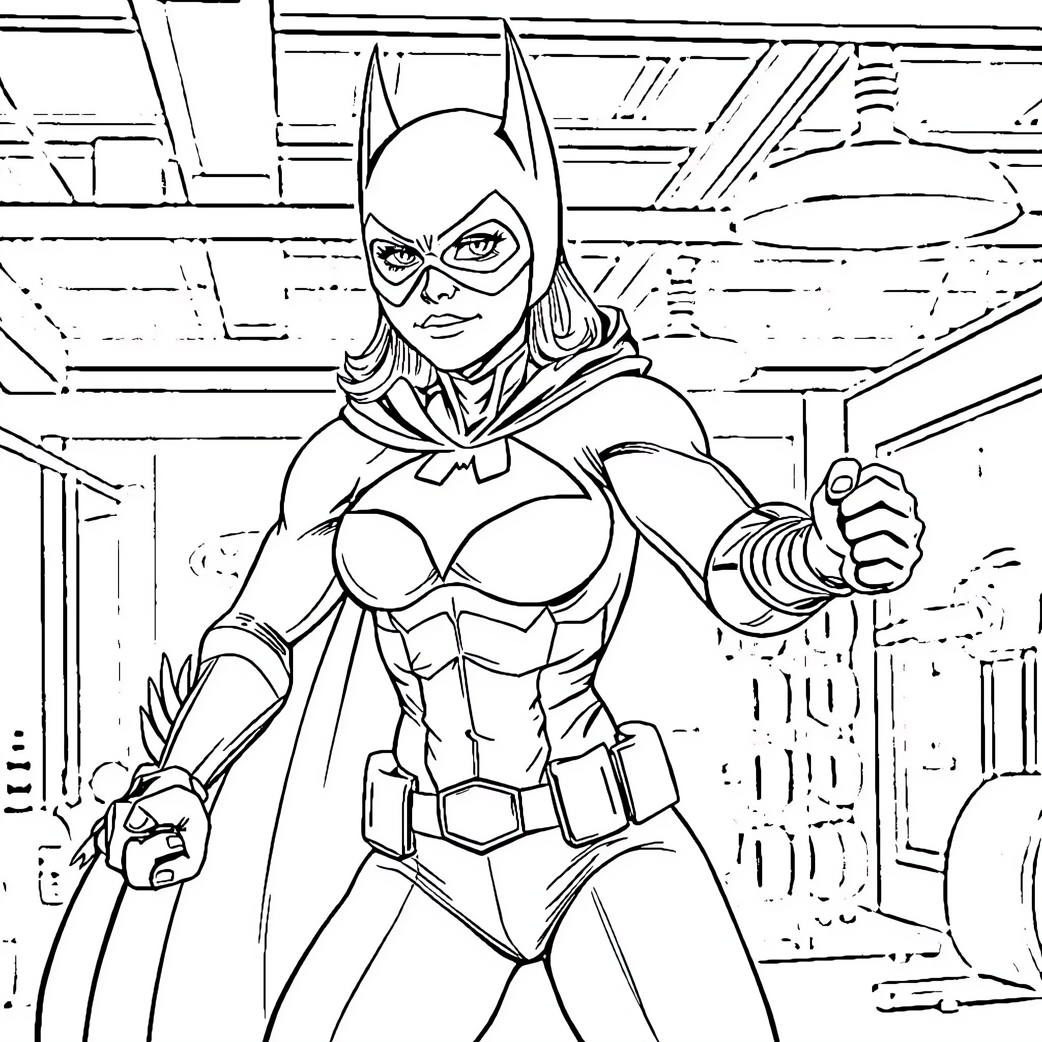 Batgirl in action pose with determined expression Coloring Page (free black-and-white line drawing printable PDF for all, from beginners to advanced learners, including children, teens, adults, and seniors)