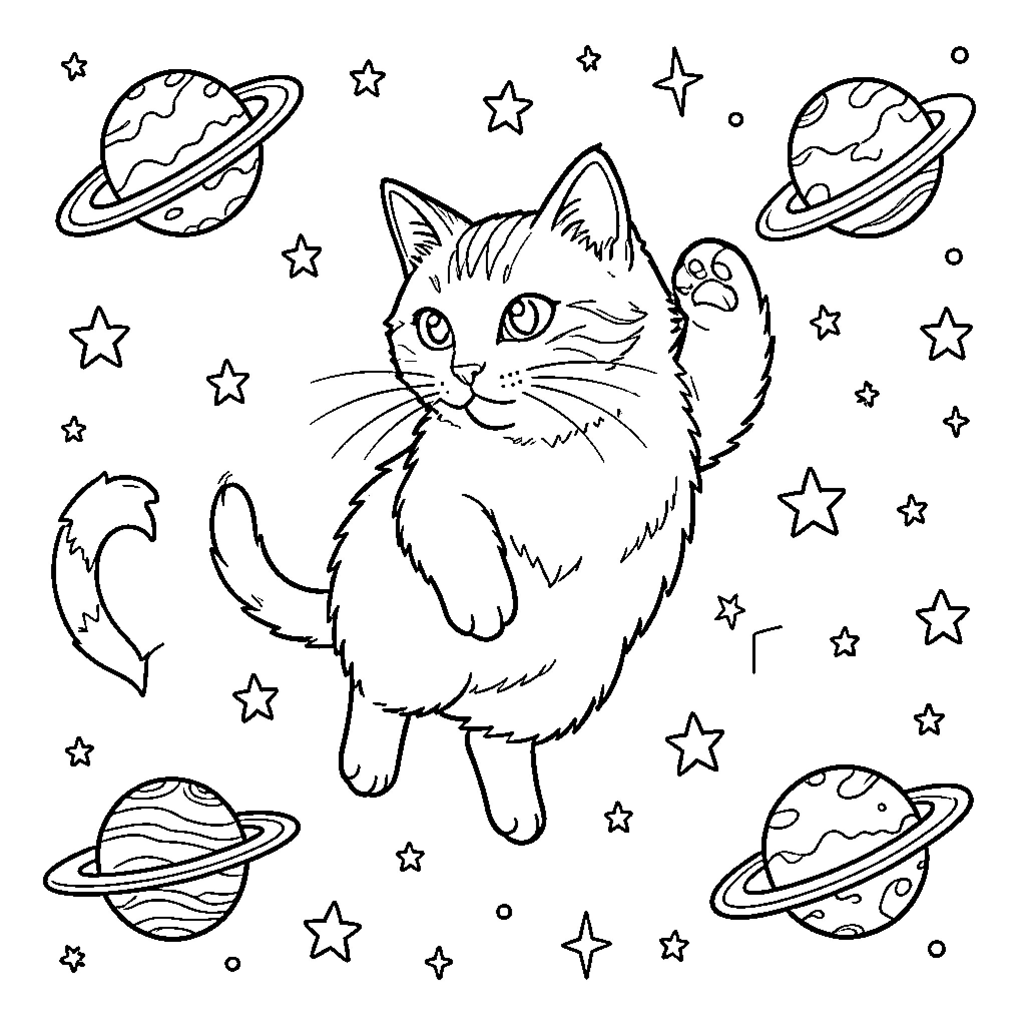 Cat exploring the cosmic wonders Coloring Page (free black-and-white line drawing printable PDF for all, from beginners to advanced learners, including children, teens, adults, and seniors)