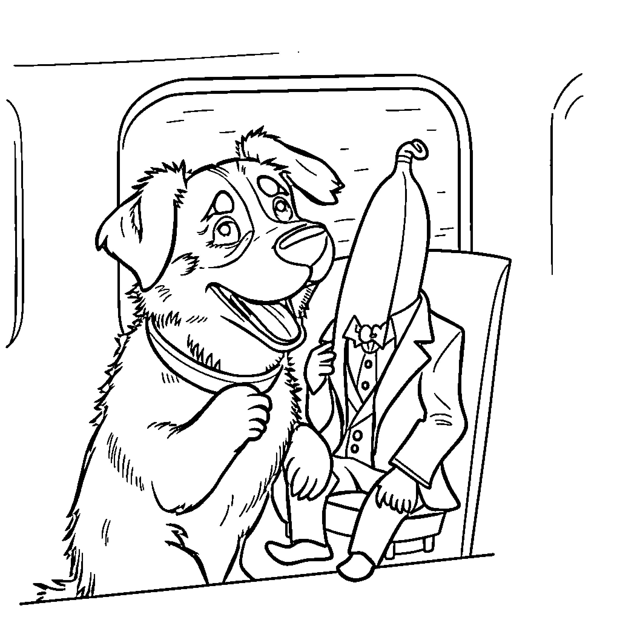 Dog enjoying a banana in a formal outfit Coloring Page (free black-and-white line drawing printable PDF for all, from beginners to advanced learners, including children, teens, adults, and seniors)
