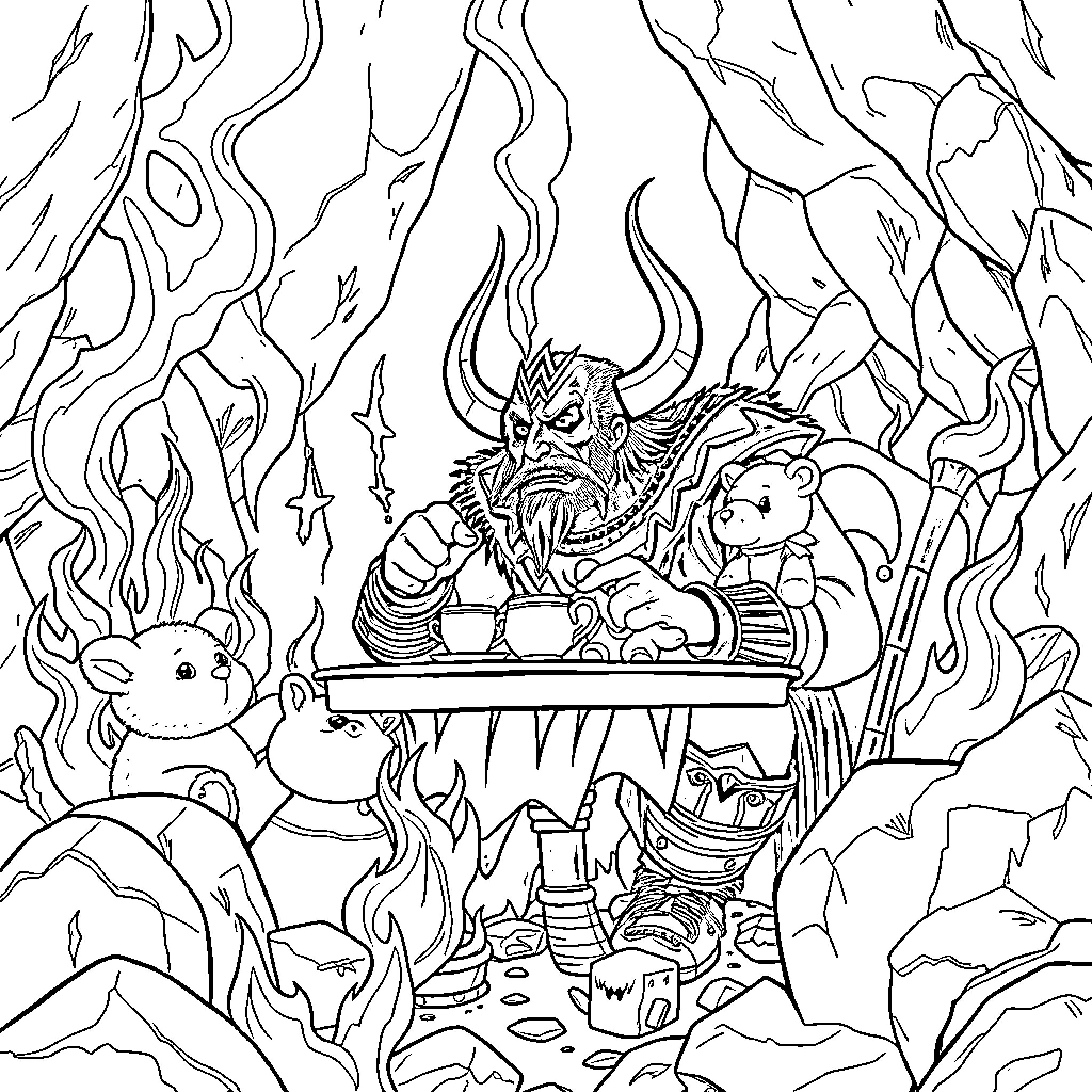 Kane's Fiery Descent into the Underworld Coloring Page (free black-and-white line drawing printable PDF for all, from beginners to advanced learners, including children, teens, adults, and seniors)