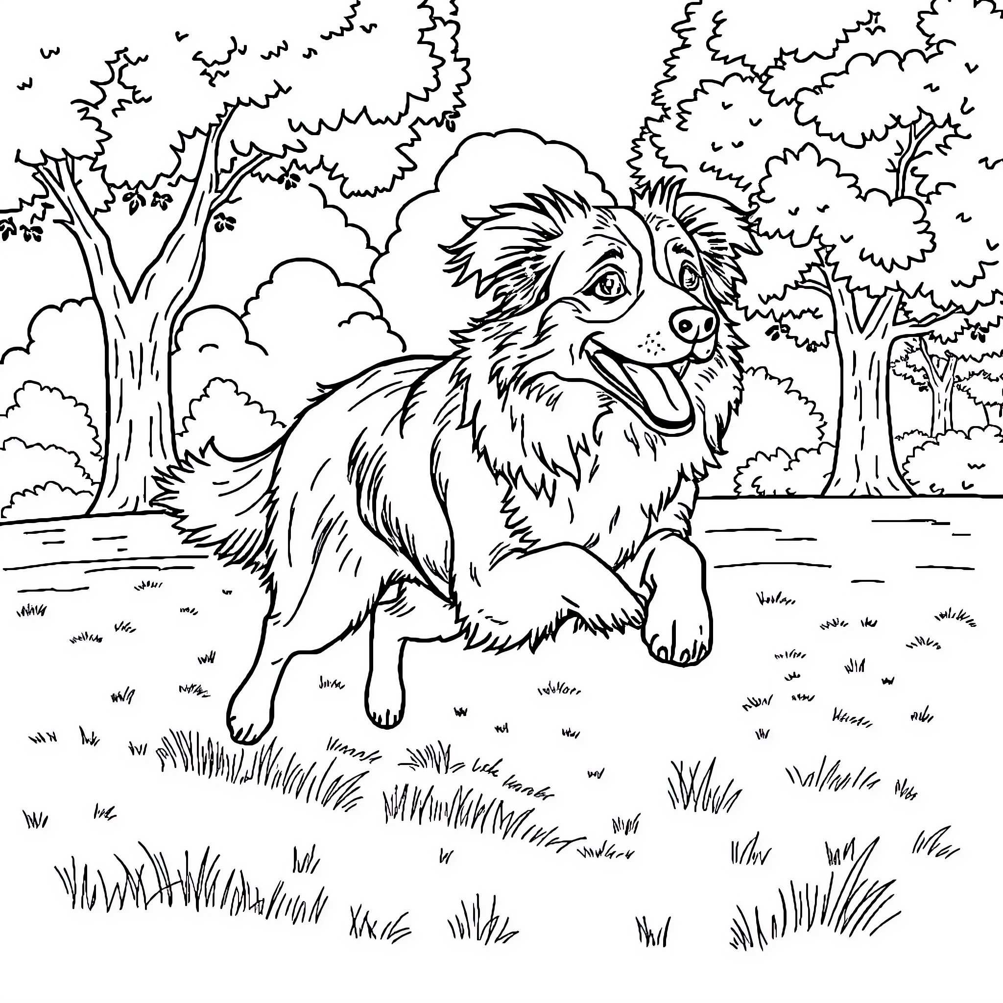 Australian Shepherd enjoying the outdoors Coloring Page (free black-and-white line drawing printable PDF for all, from beginners to advanced learners, including children, teens, adults, and seniors)