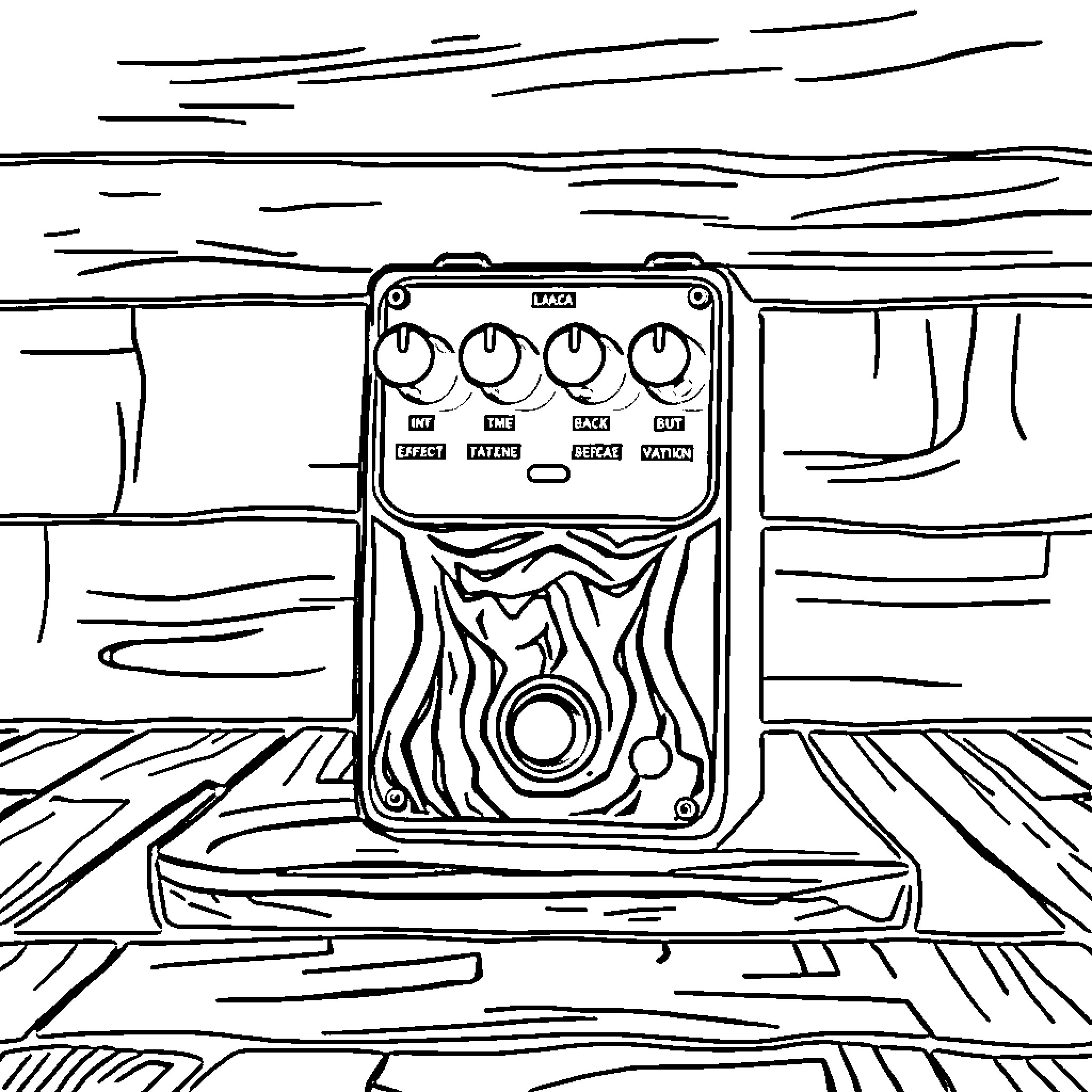 Guitar effects pedal on stage Coloring Page (free black-and-white line drawing printable PDF for all, from beginners to advanced learners, including children, teens, adults, and seniors)