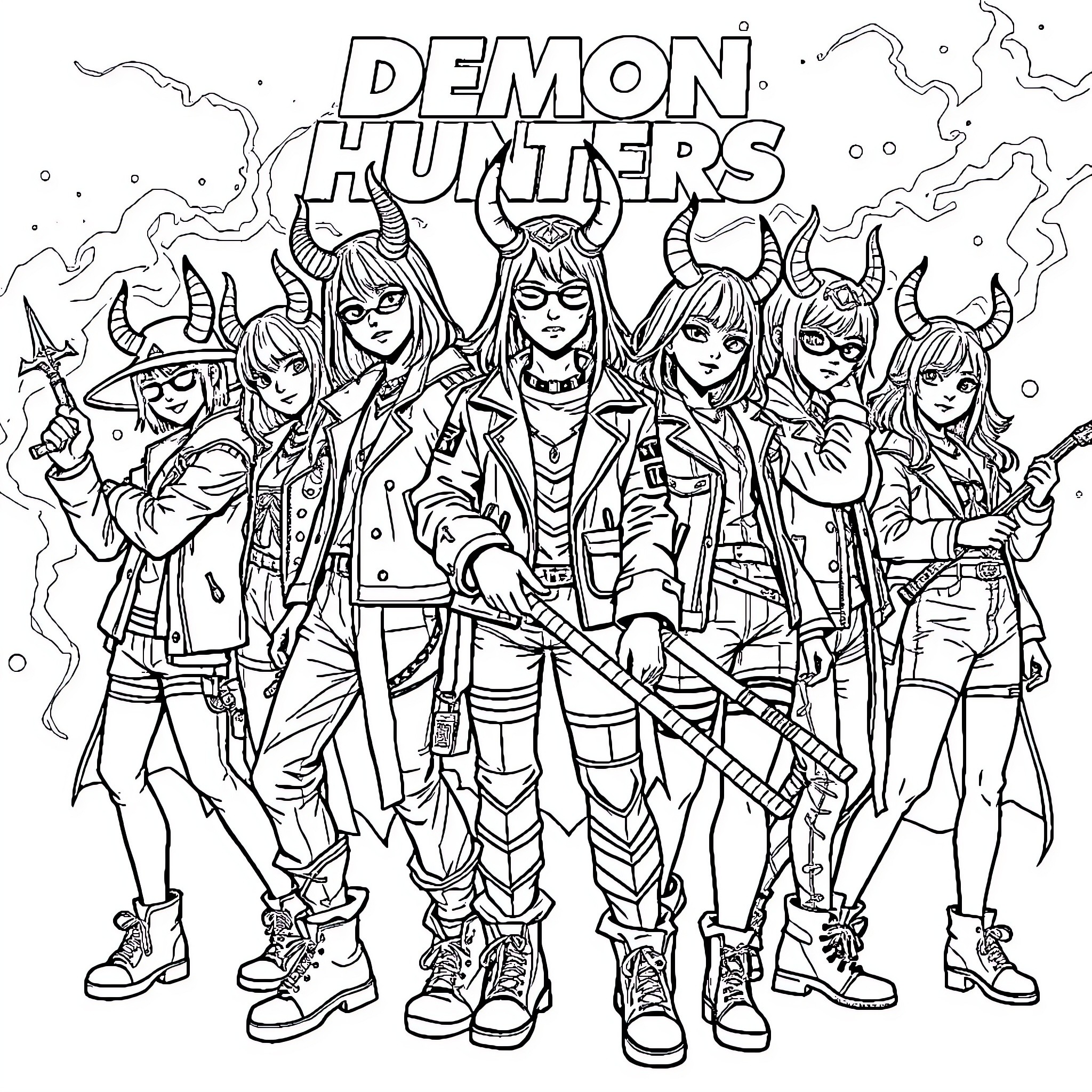 Demon Hunters in Fierce Attire and Stance Coloring Page (free black-and-white line drawing printable PDF for all, from beginners to advanced learners, including children, teens, adults, and seniors)