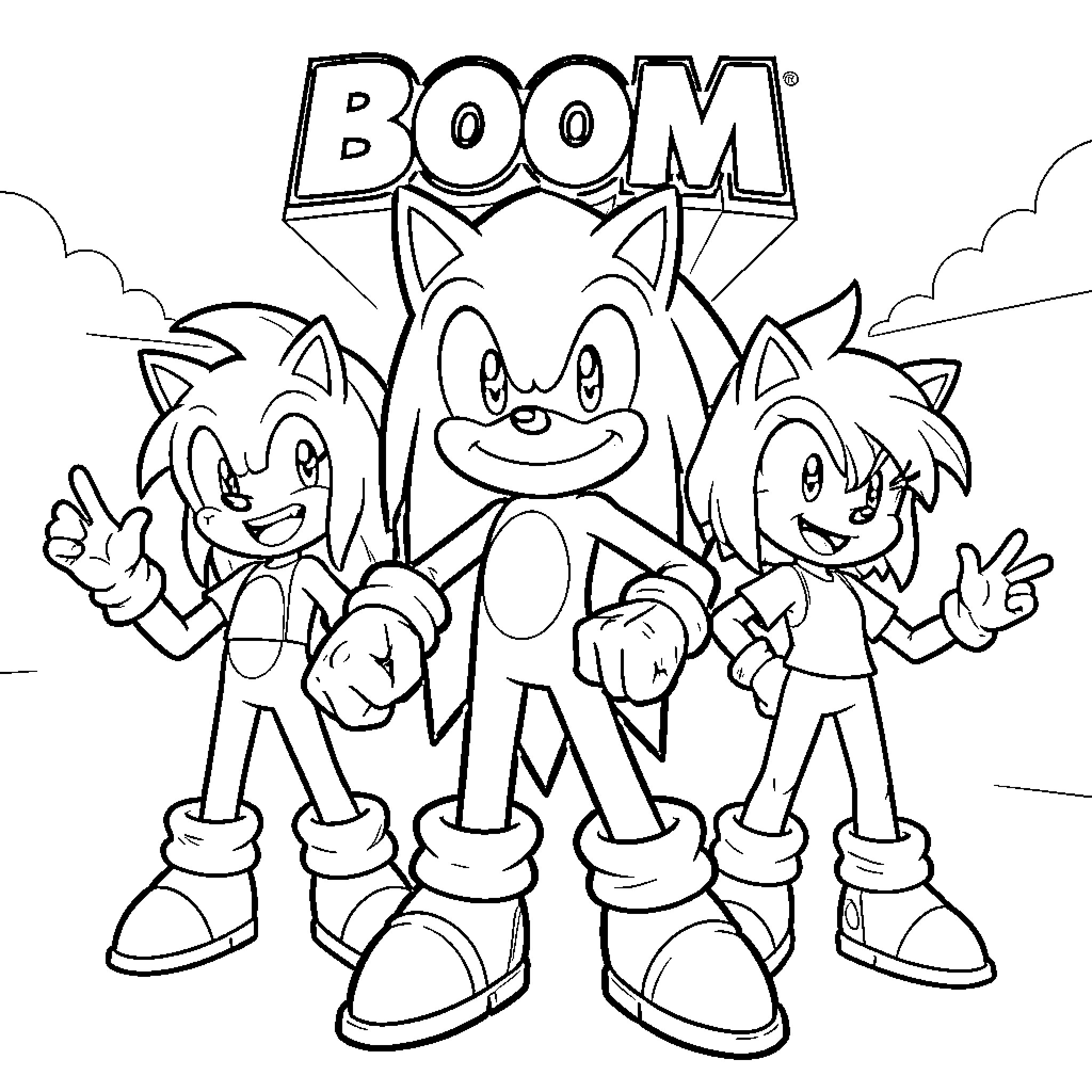 Sonic and friends posing confidently with a boom effect Coloring Page (free black-and-white line drawing printable PDF for all, from beginners to advanced learners, including children, teens, adults, and seniors)