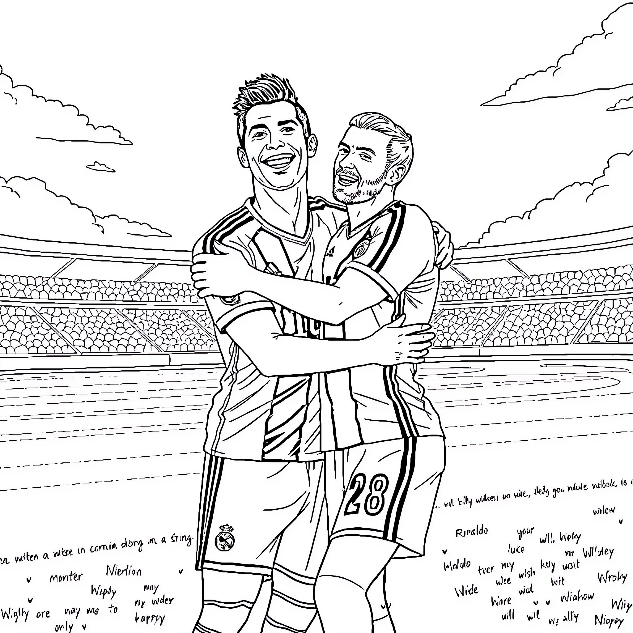 Ronaldo celebrates with teammate after scoring a goal Coloring Page (free black-and-white line drawing printable PDF for all, from beginners to advanced learners, including children, teens, adults, and seniors)