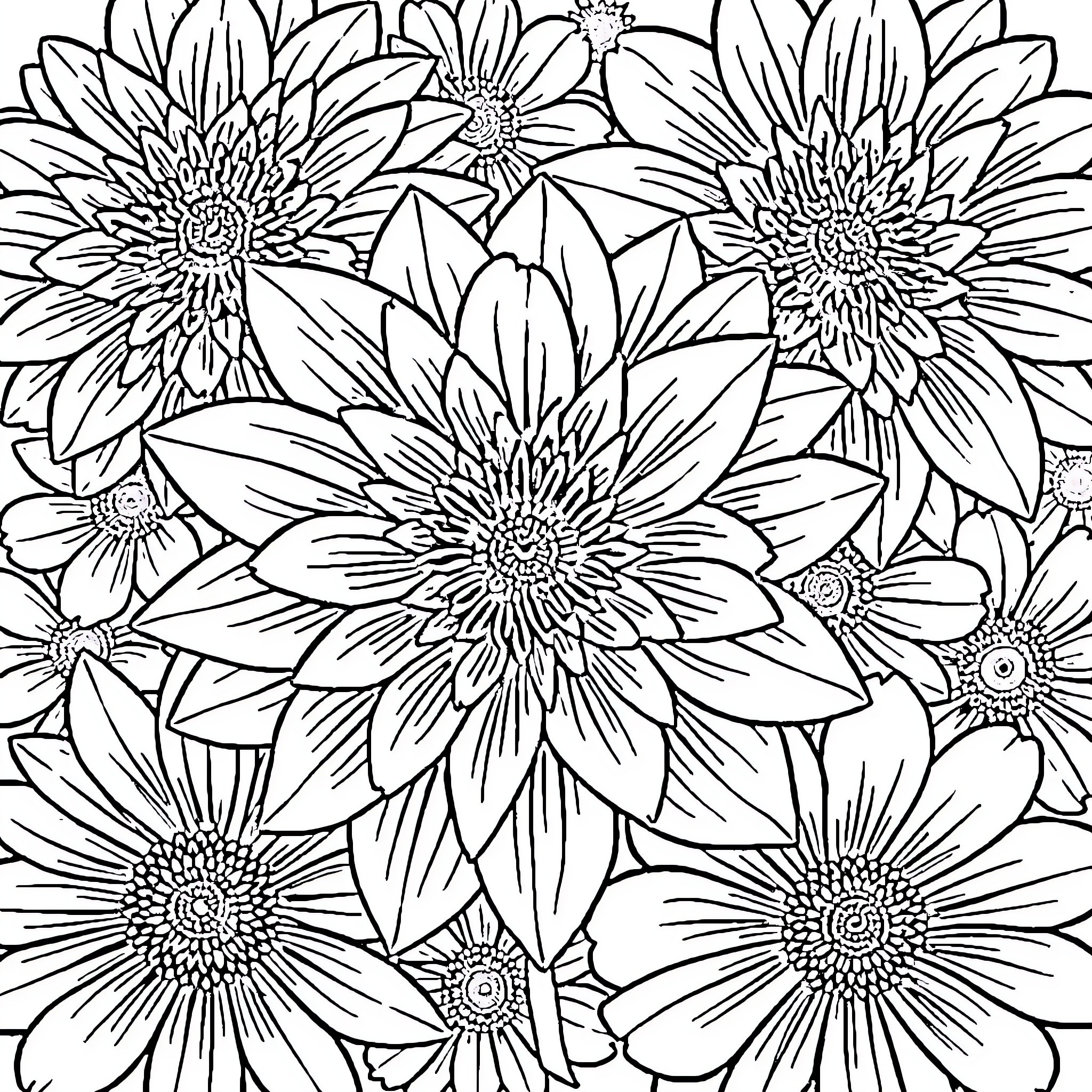 Dahlia flowers in vibrant monochrome Coloring Page (free black-and-white line drawing printable PDF for all, from beginners to advanced learners, including children, teens, adults, and seniors)